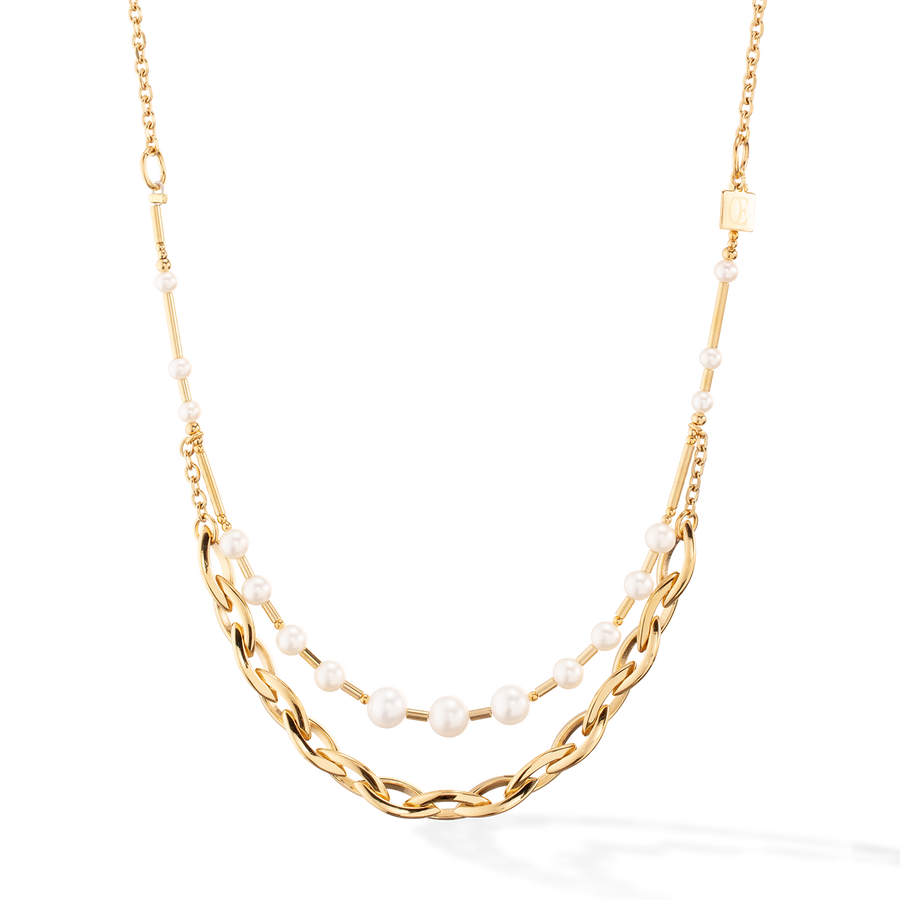 Collier Perles d'eau Douce & Chunky Chain Navette Multiwear blanc-or