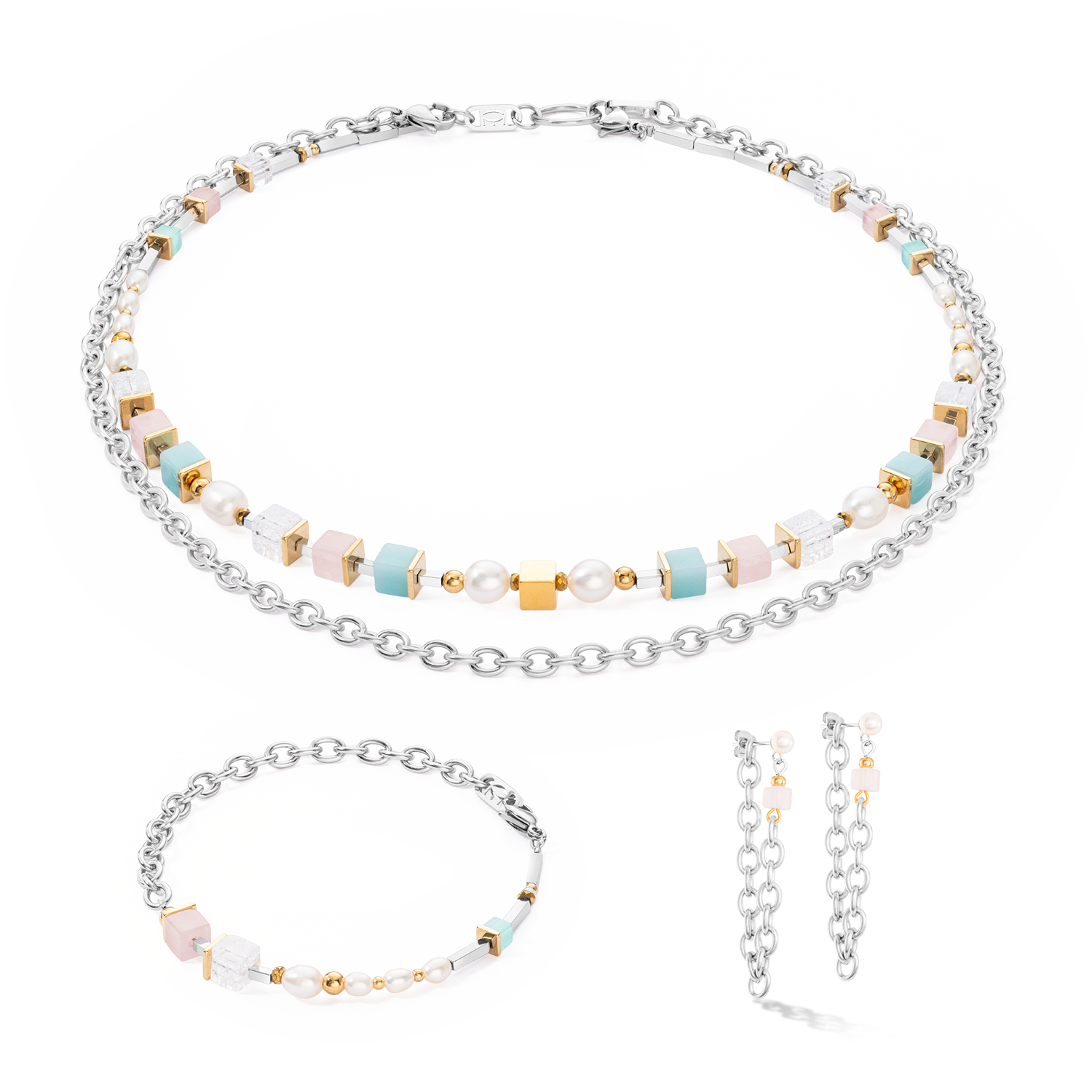 Boucles d'oreilles Cool Romantic Cubes & Pearls bicolor