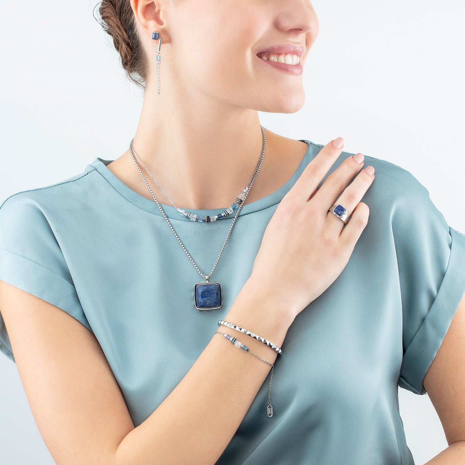 Collier Amulette Spikes Square Aventurine argent-bleu