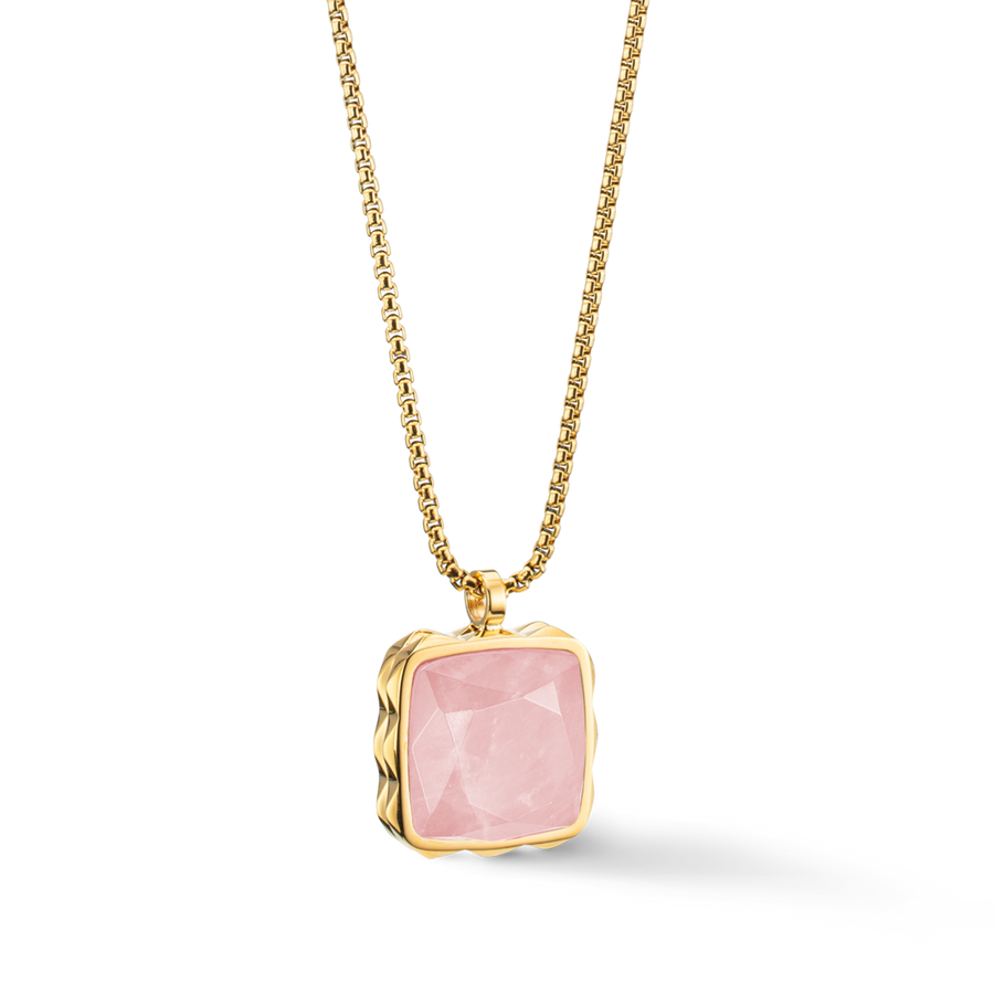 Collier Amulette Spikes Square Quartz or-rose