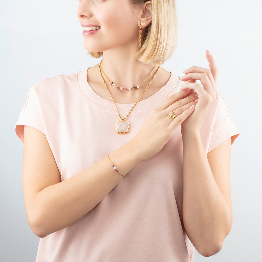 Collier Amulette Spikes Square Quartz or-rose