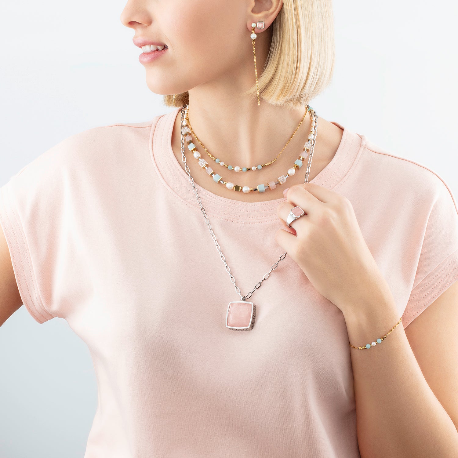 Collier OE Amulette Square Quartz argent-rose