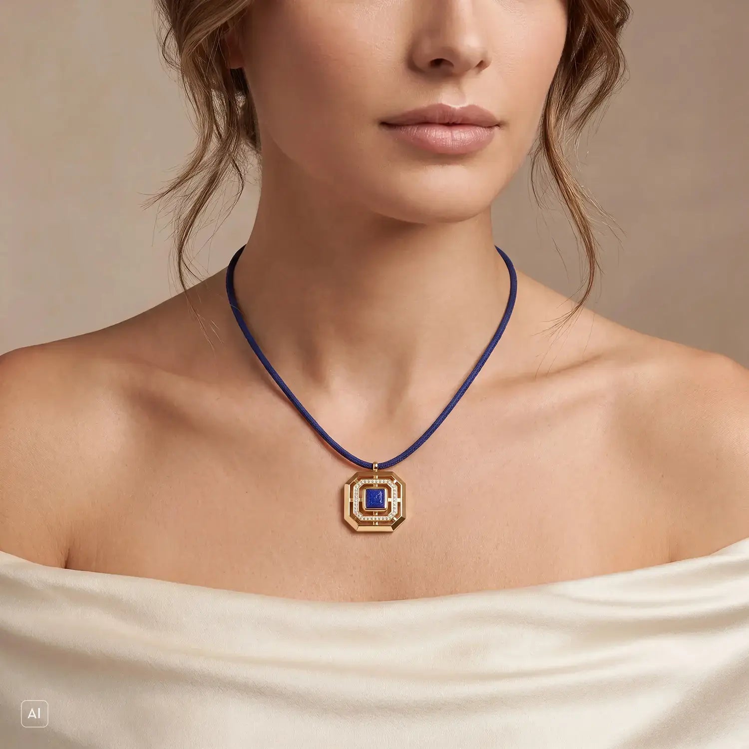 COEUR DE LION Collier Amulette Icon Frame Soft Lapis doré – sur mannequin