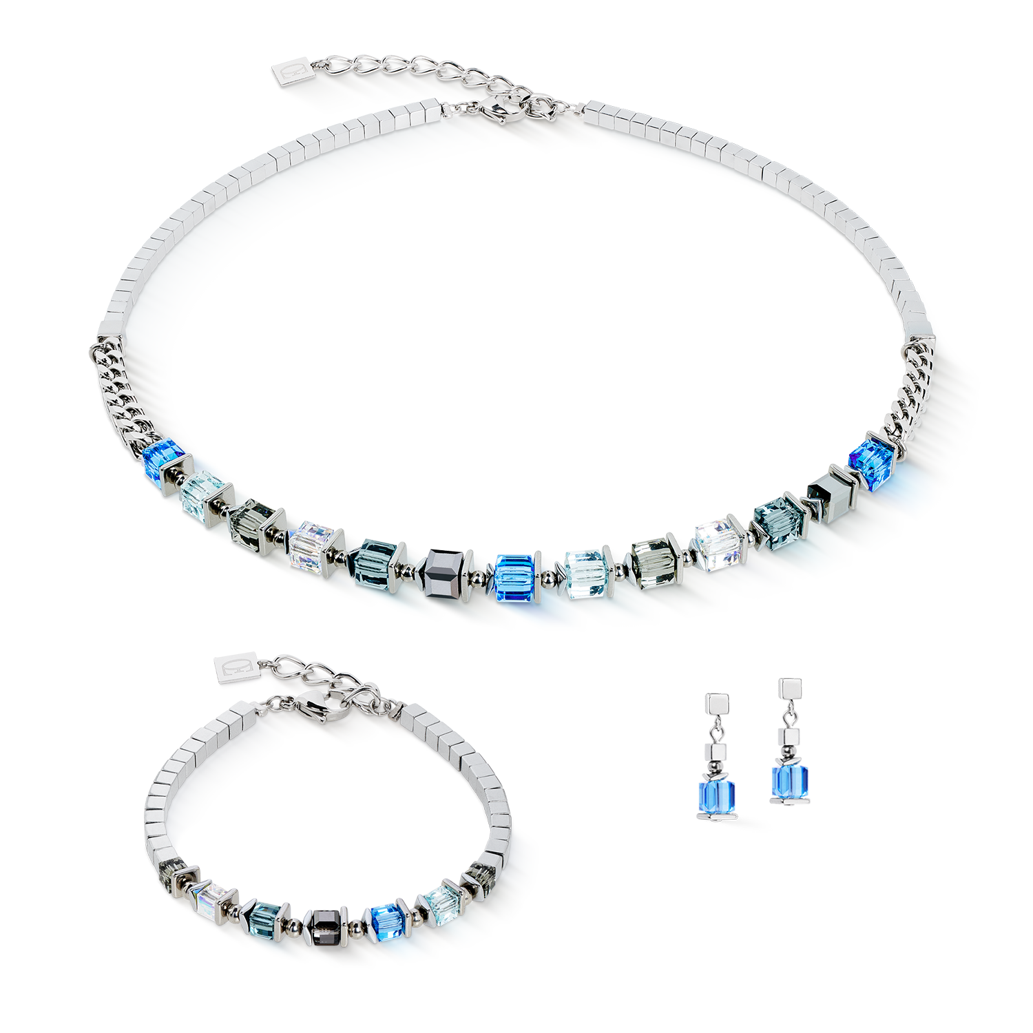 Collier Sparkling Cubes Fusion Chain argent-bleu