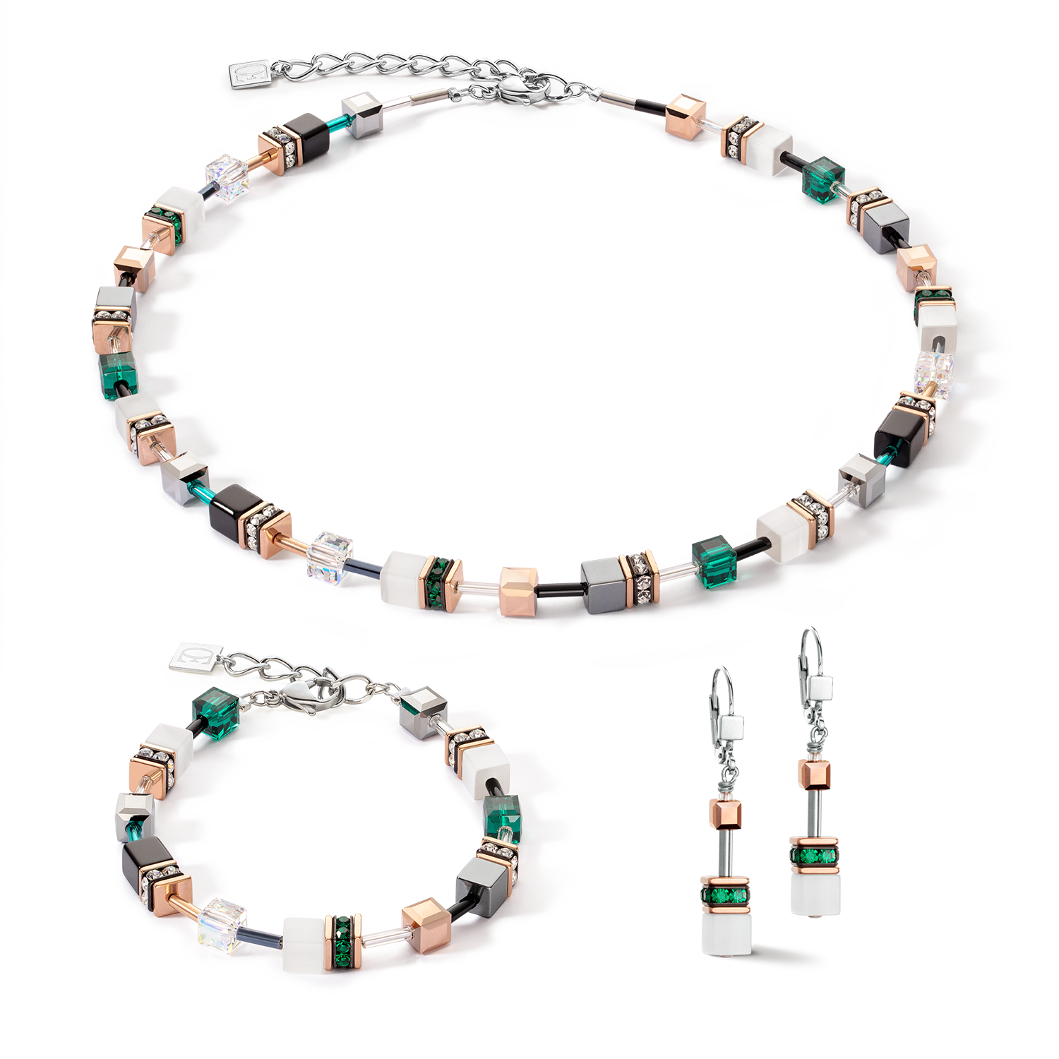 Collier GeoCUBE® Iconic or rose blanc & vert foncé