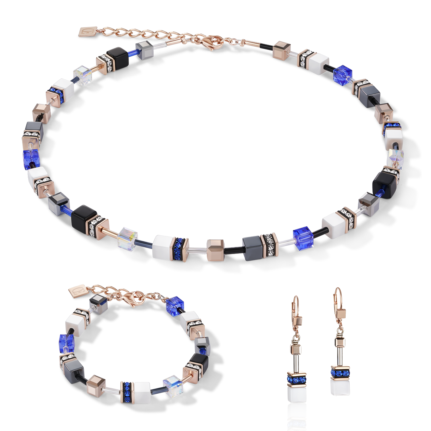 Collier GeoCUBE® or rose, blanc & bleu