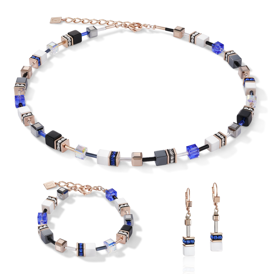 Collier GeoCUBE® or rose, blanc & bleu