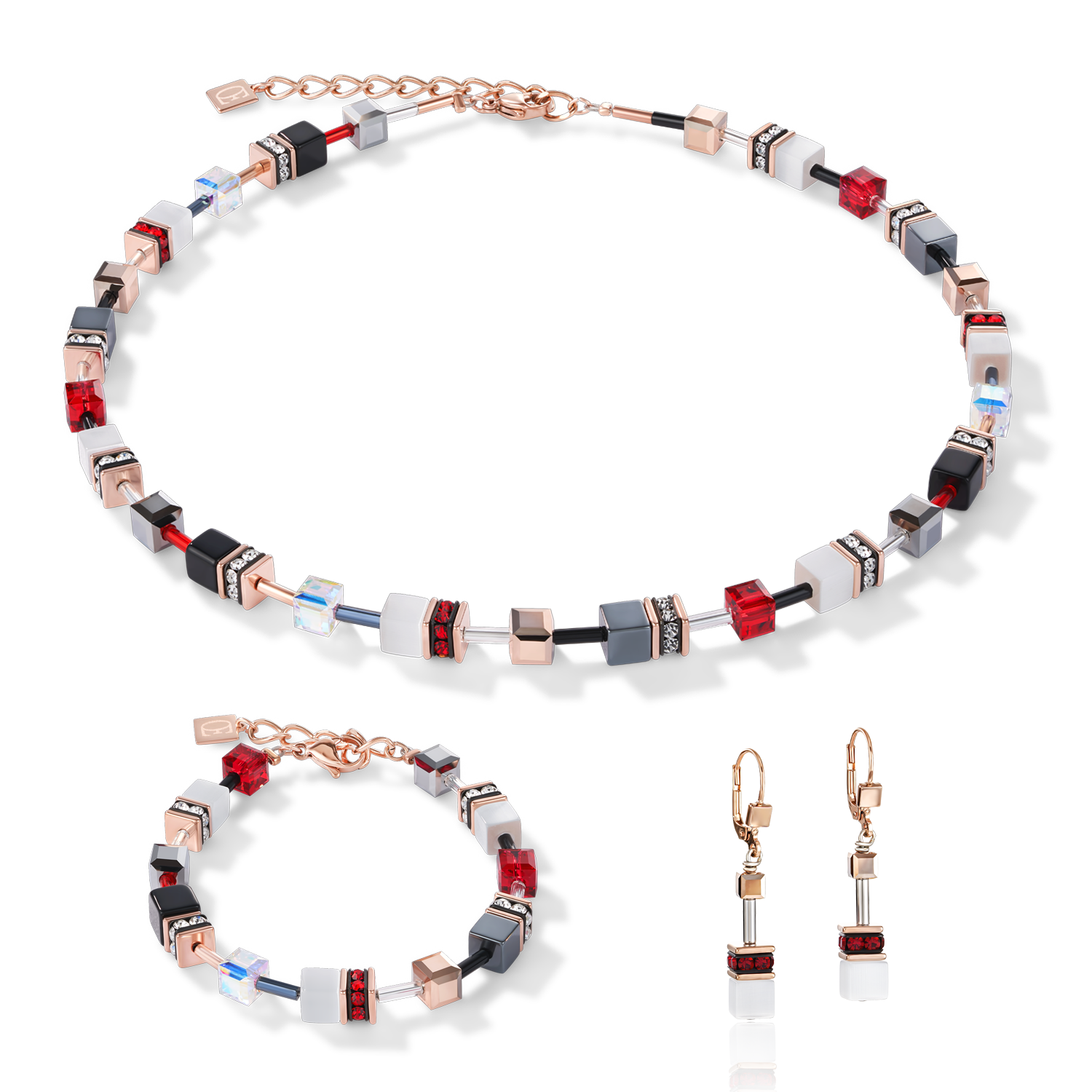 Boucles d'oreille GeoCUBE® or rose, blanc & rouge