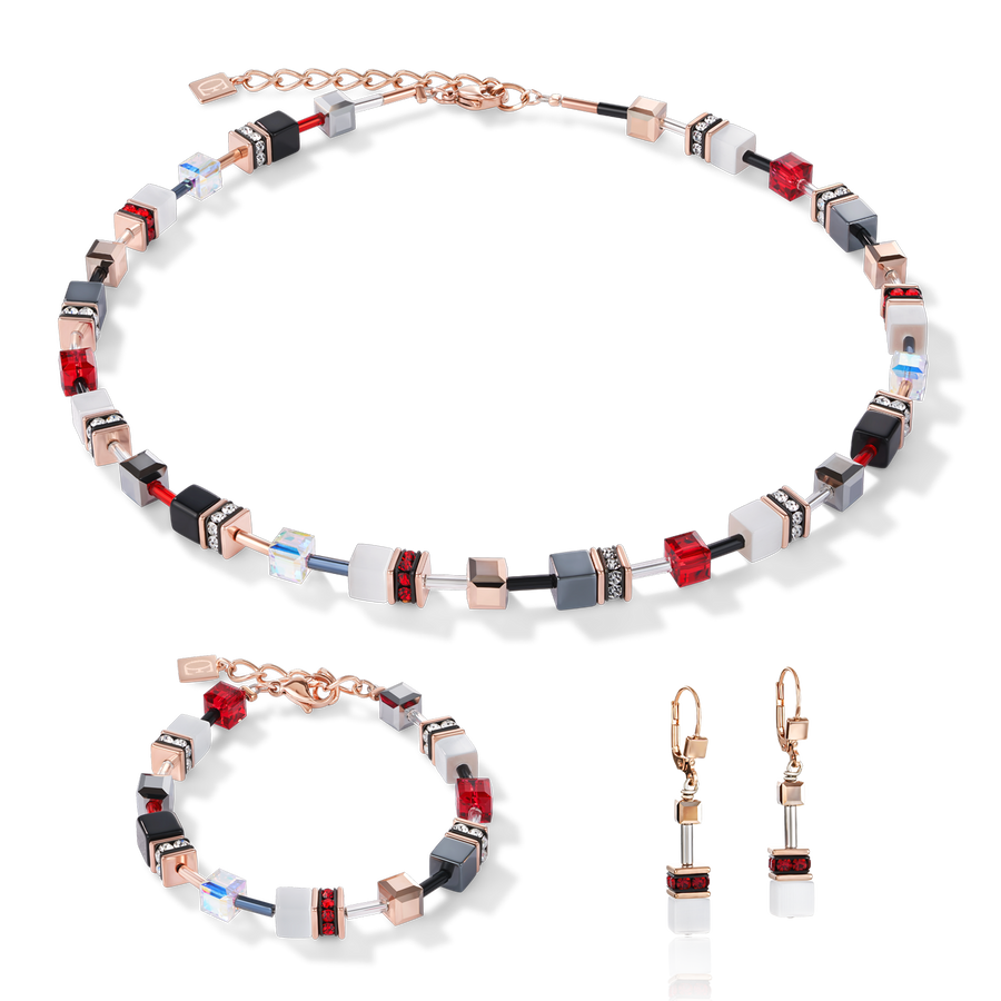 Boucles d'oreille GeoCUBE® or rose, blanc & rouge