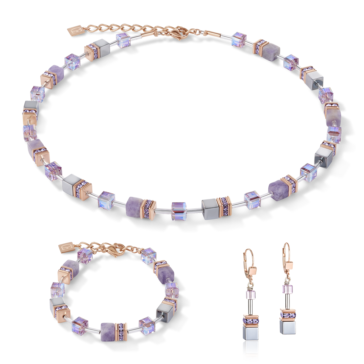 Boucles d'oreille GeoCUBE® Améthyste clair & hématite lilas