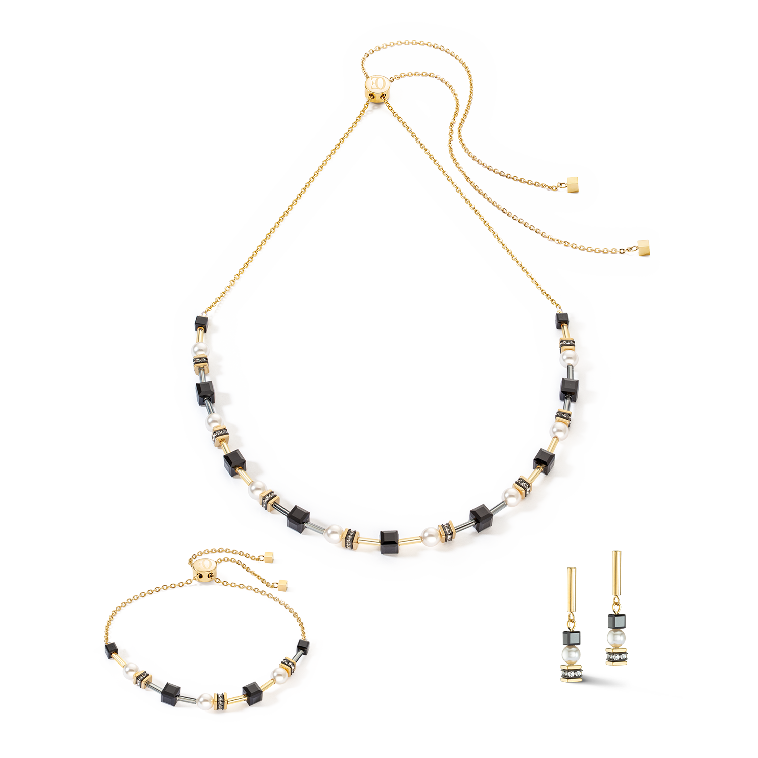 Boucles d'oreilles Mysterious Cubes & Pearls or-noir
