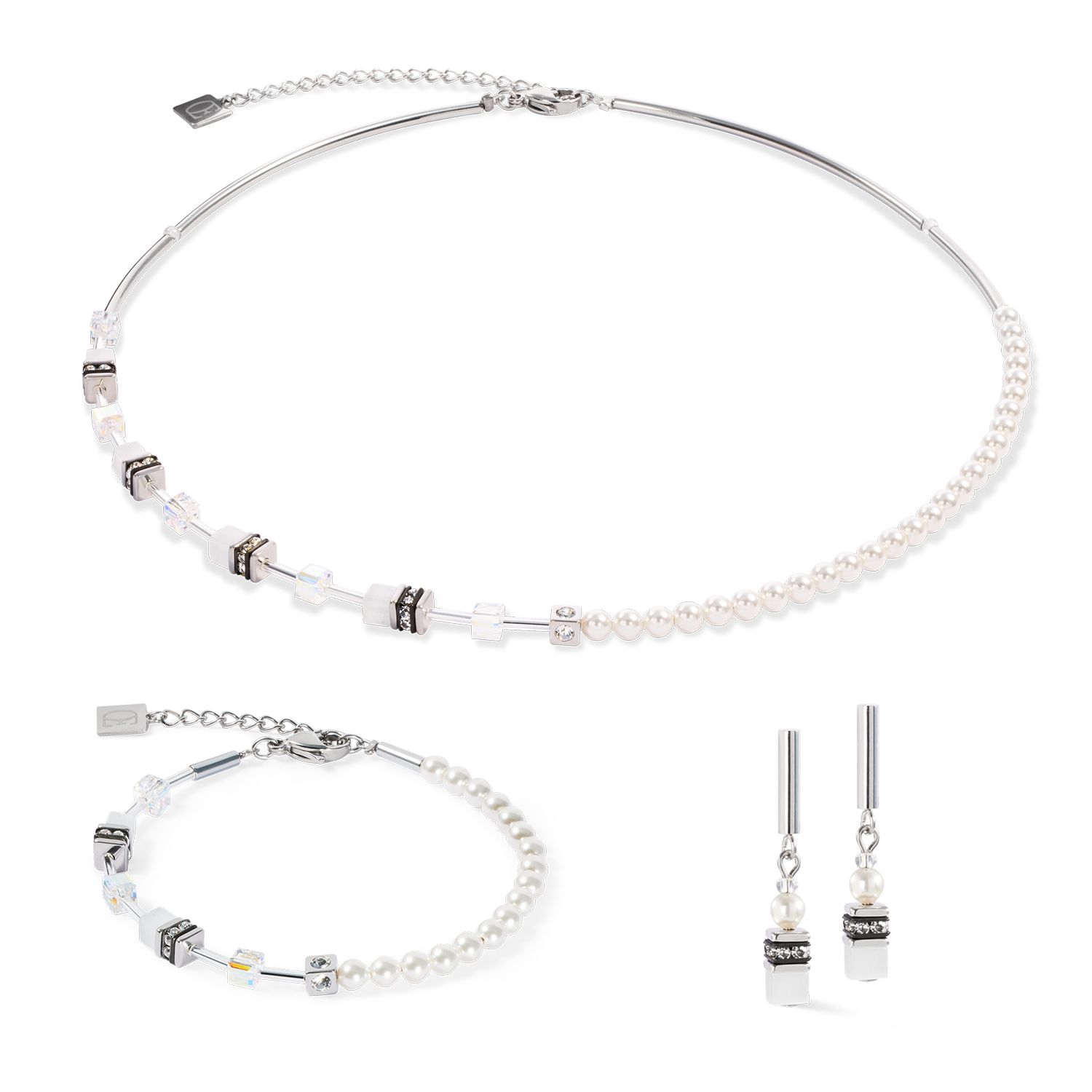 Collier GeoCUBE® Mini Fusion Pearls argent-blanc