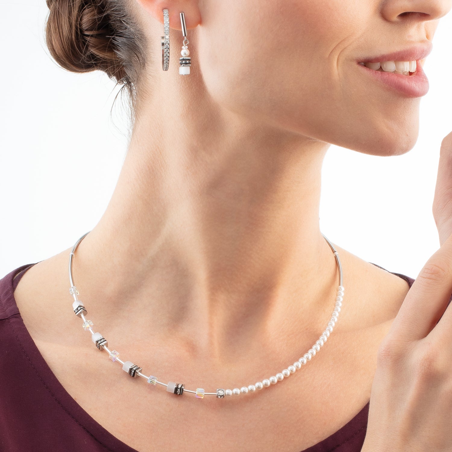 Collier GeoCUBE® Mini Fusion Pearls argent-blanc