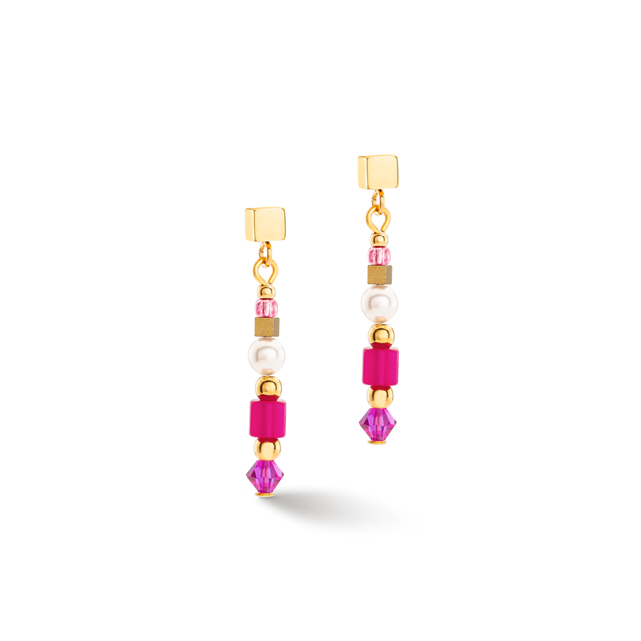 Boucles d'oreilles Square Stripes or-magenta