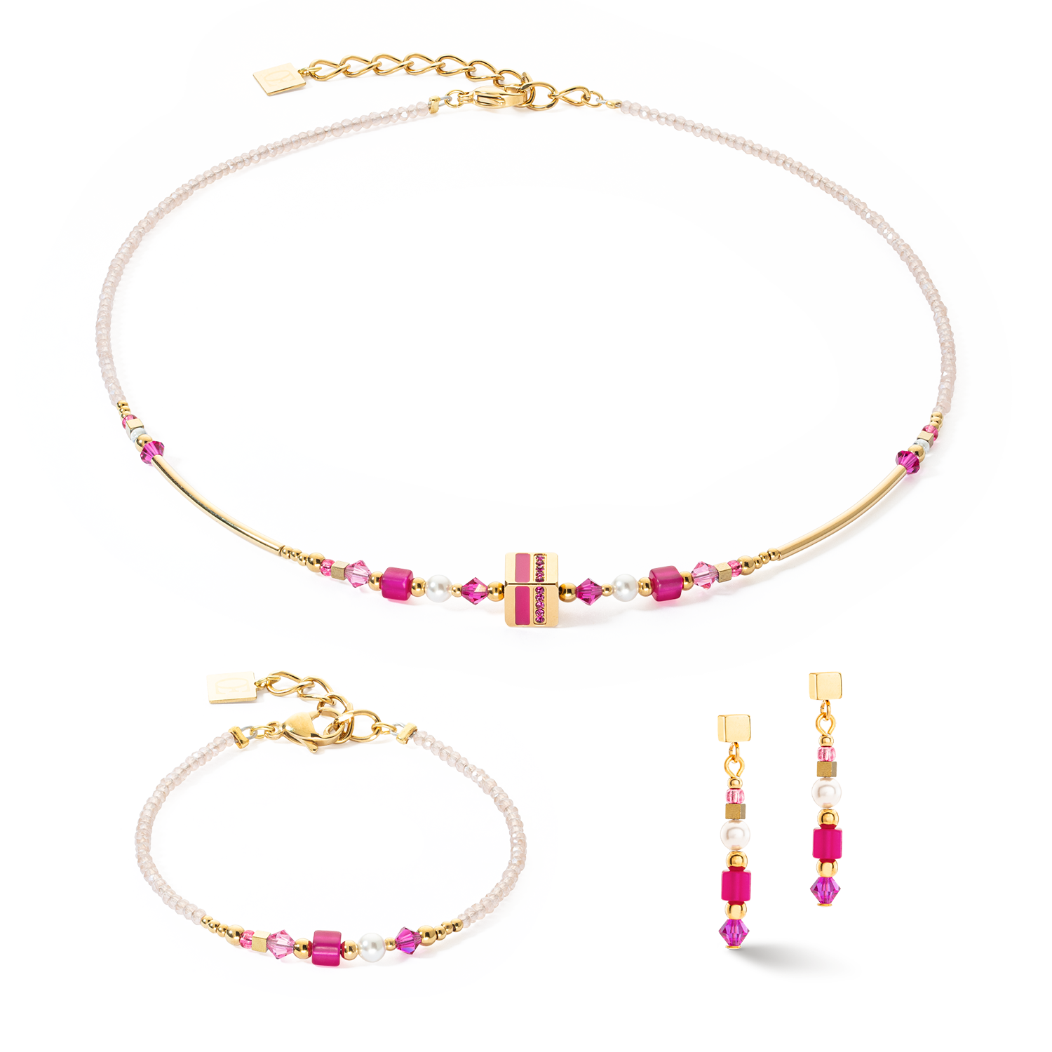Boucles d'oreilles Square Stripes or-magenta