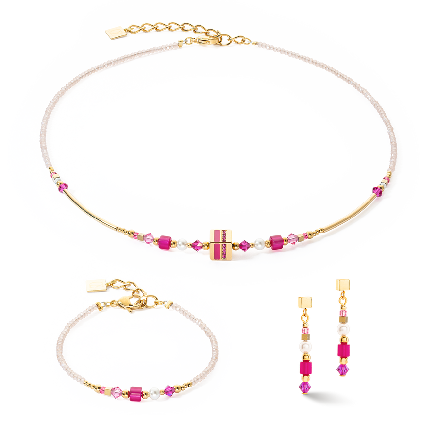 Boucles d'oreilles Square Stripes or-magenta
