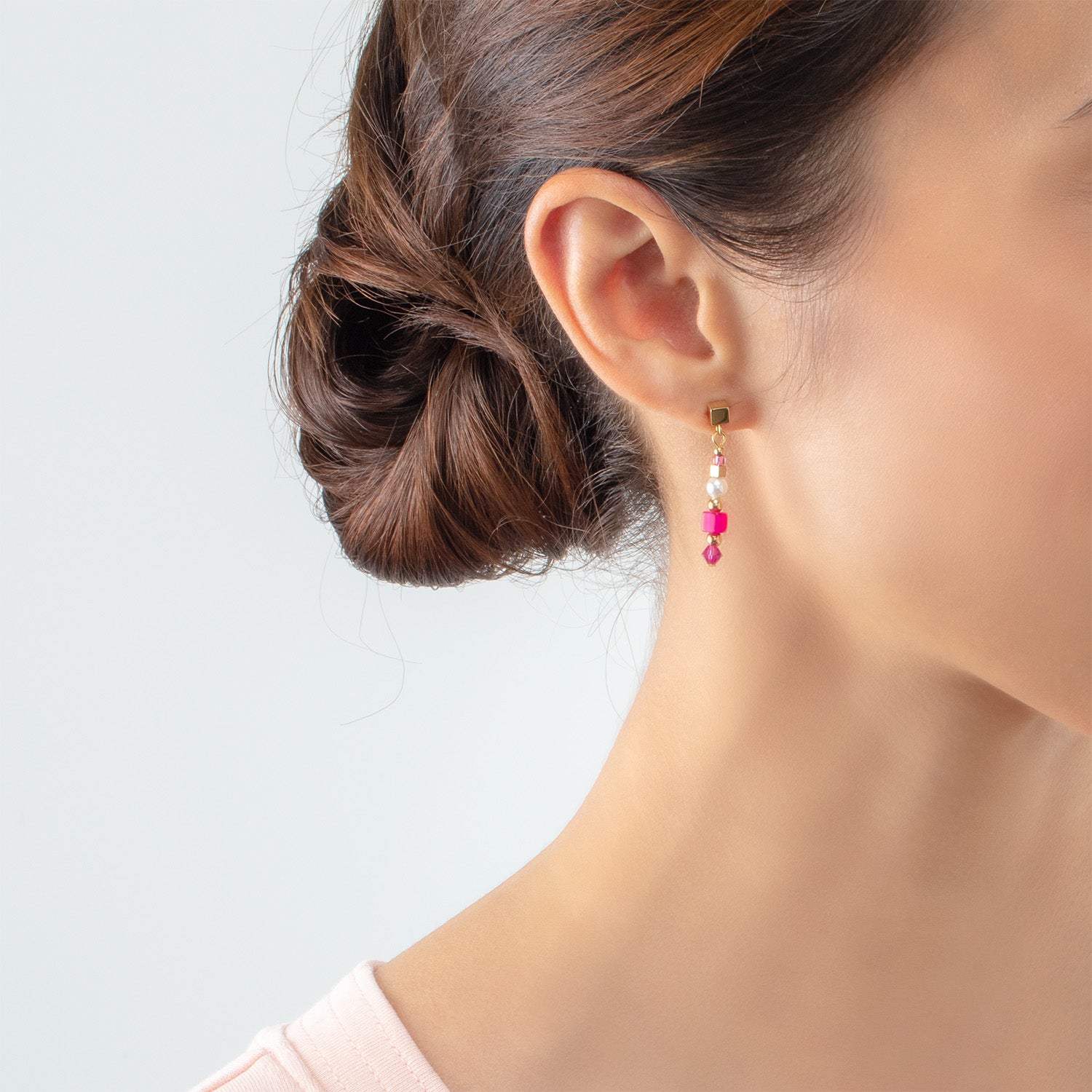 Boucles d'oreilles Square Stripes or-magenta