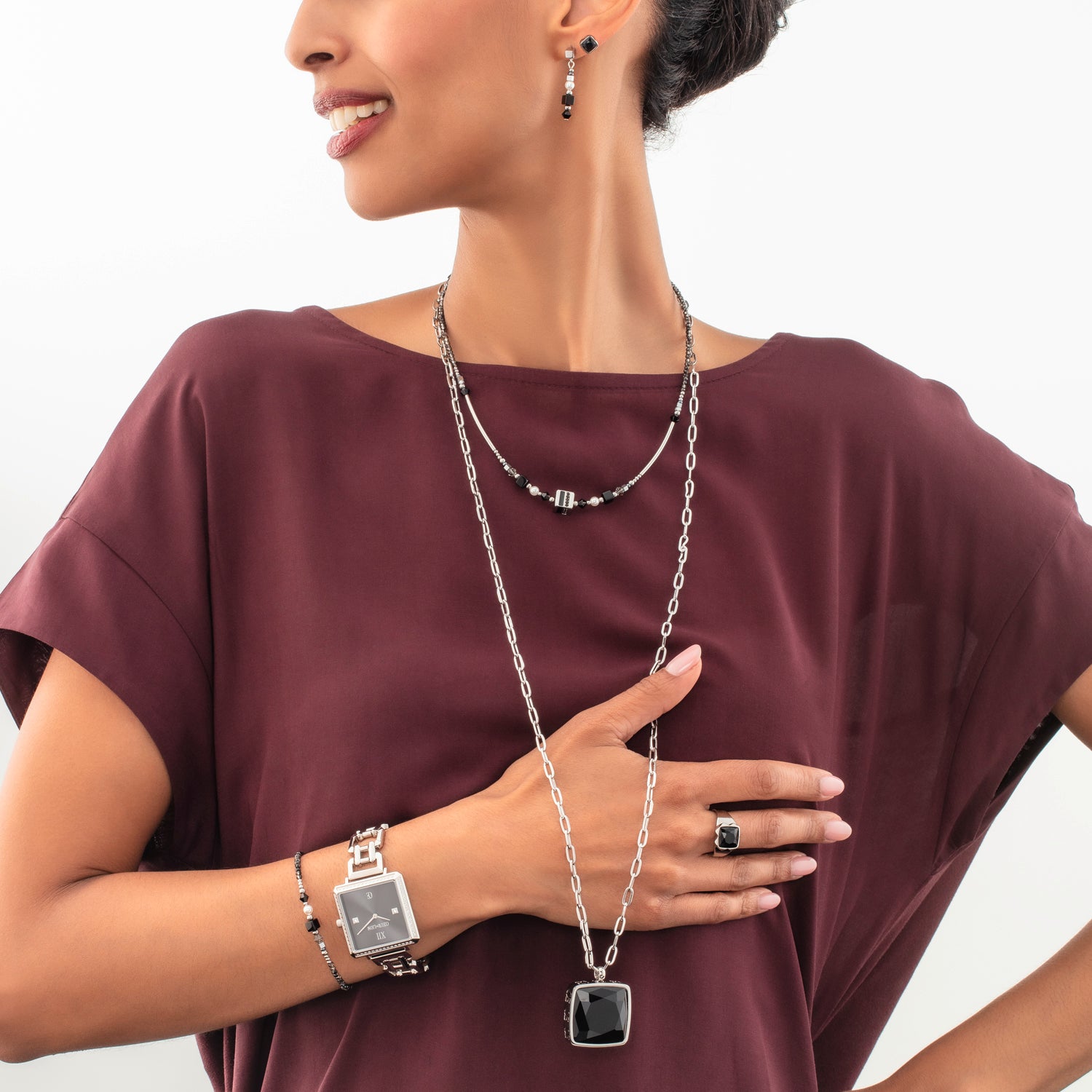 Boucles d'oreilles Square Stripes argent-noir