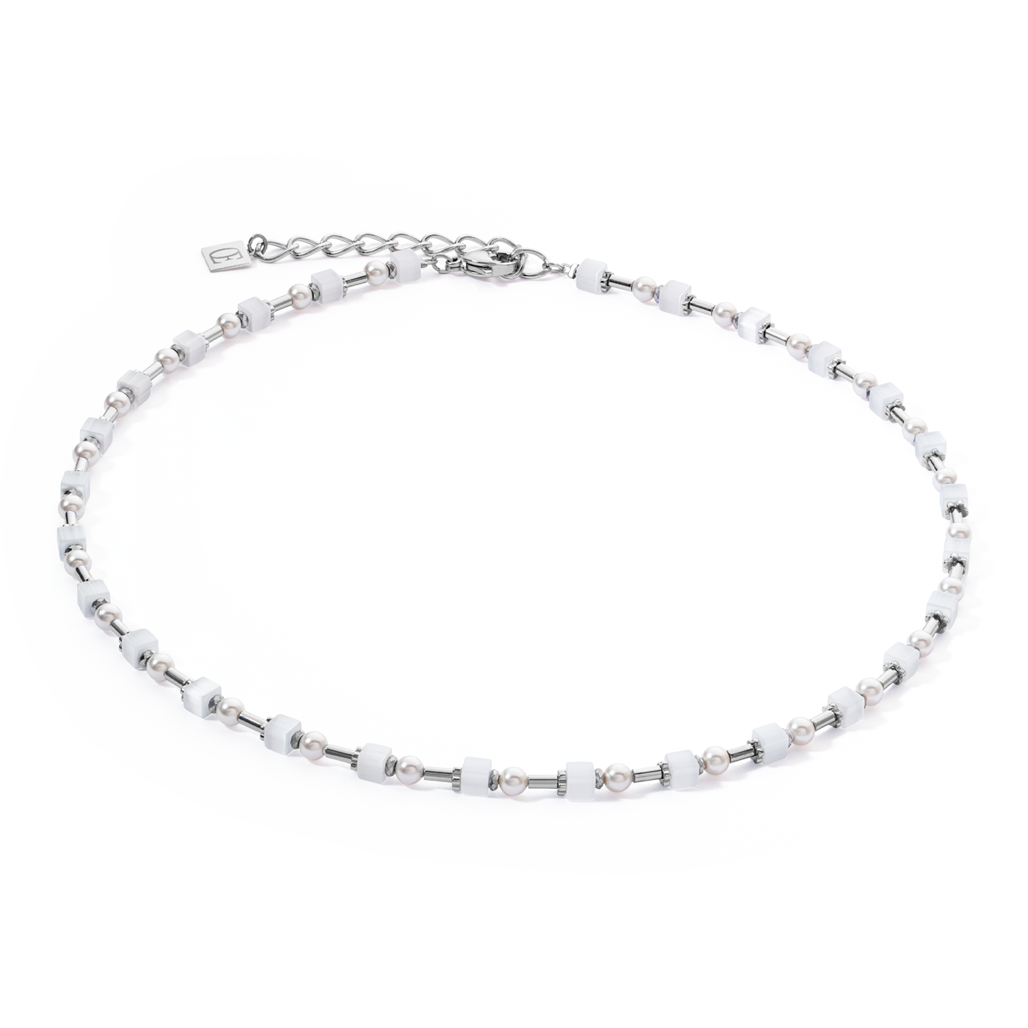 Collier Mini Cubes & Pearls Mix argent-blanc