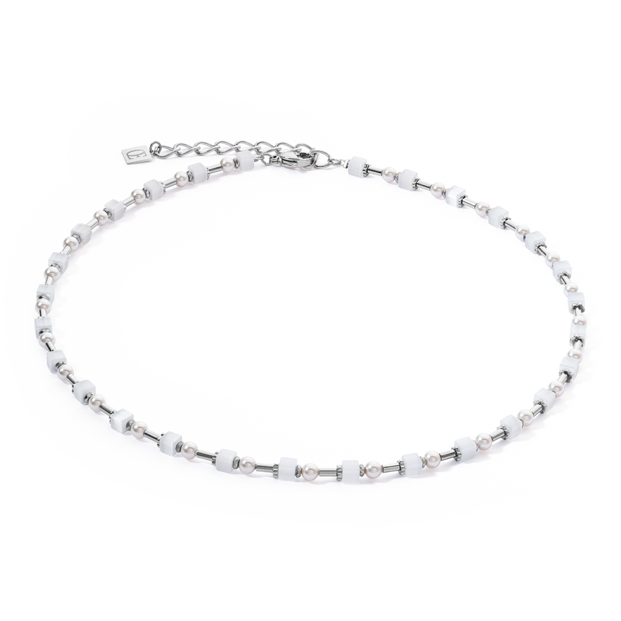 Collier Mini Cubes & Pearls Mix argent-blanc