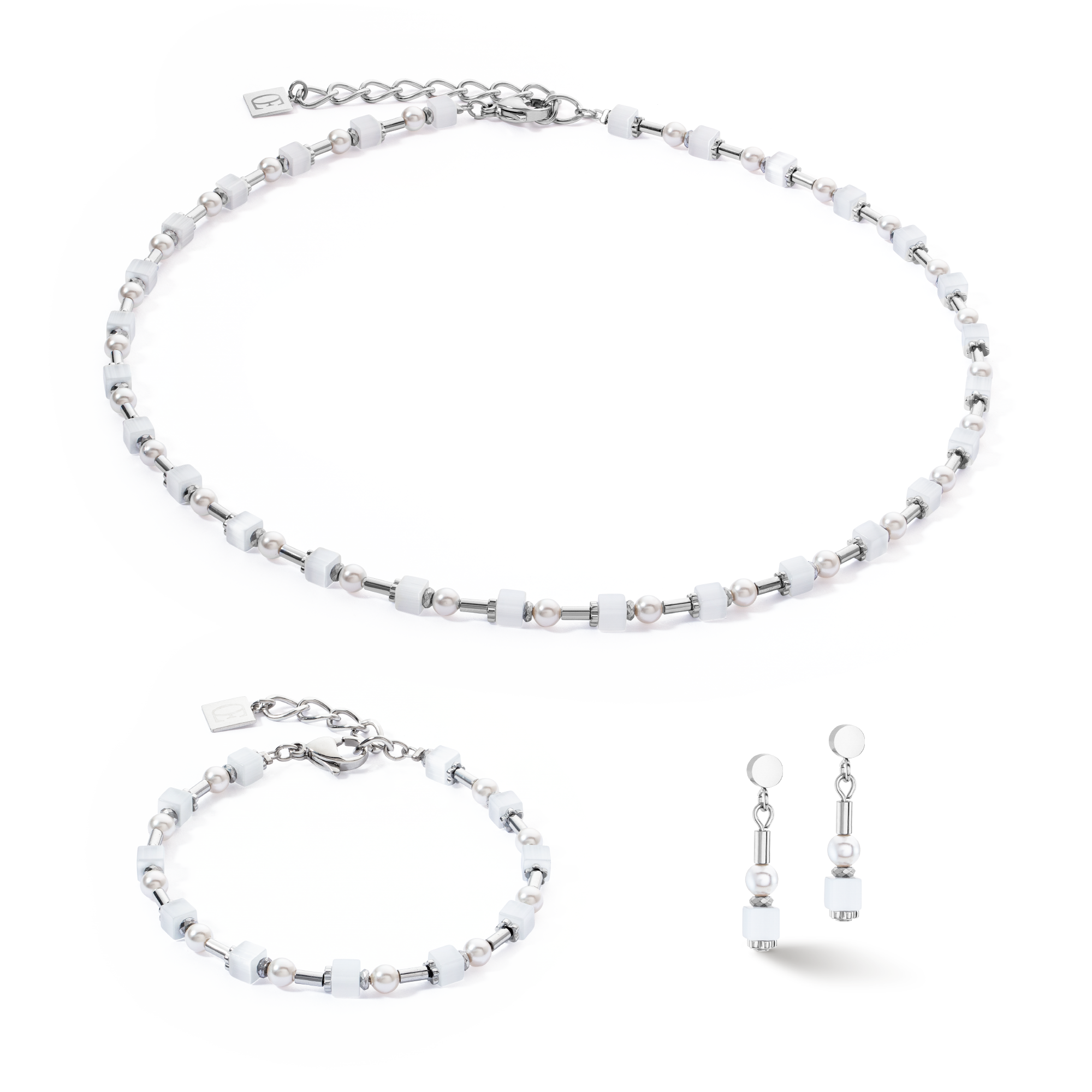 Collier Mini Cubes & Pearls Mix argent-blanc