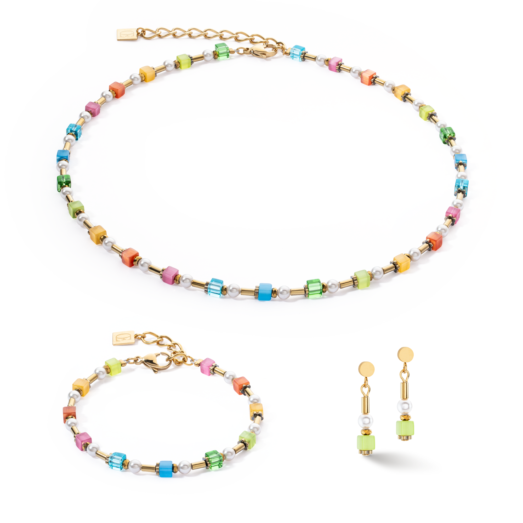 Collier Mini Cubes & Pearls Mix or-rainbow