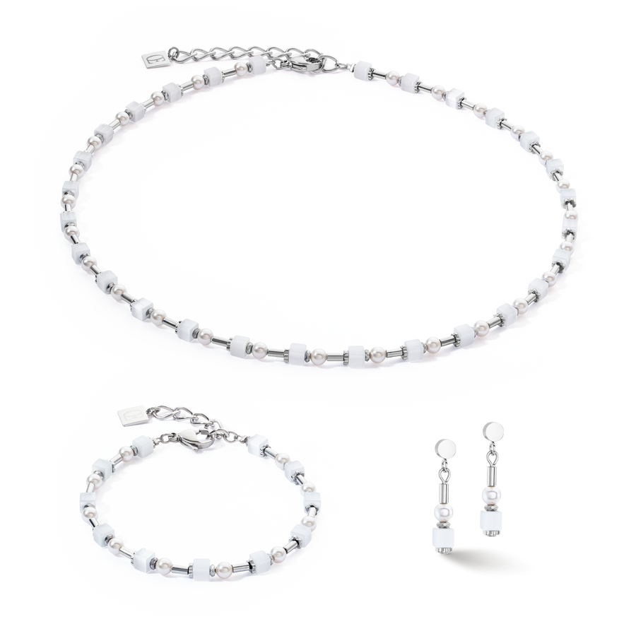 Boucles d'oreilles Mini Cubes & Pearls Mix argent-blanc