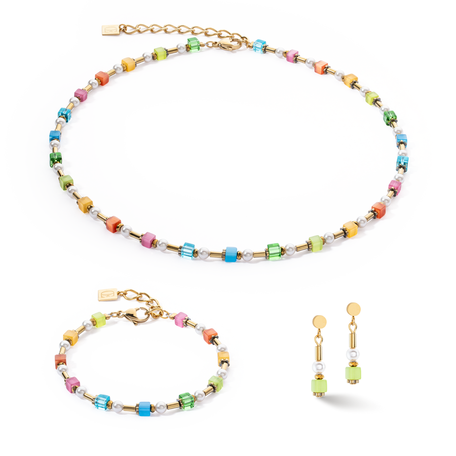 Boucles d'oreilles Mini Cubes & Pearls Mix or-rainbow