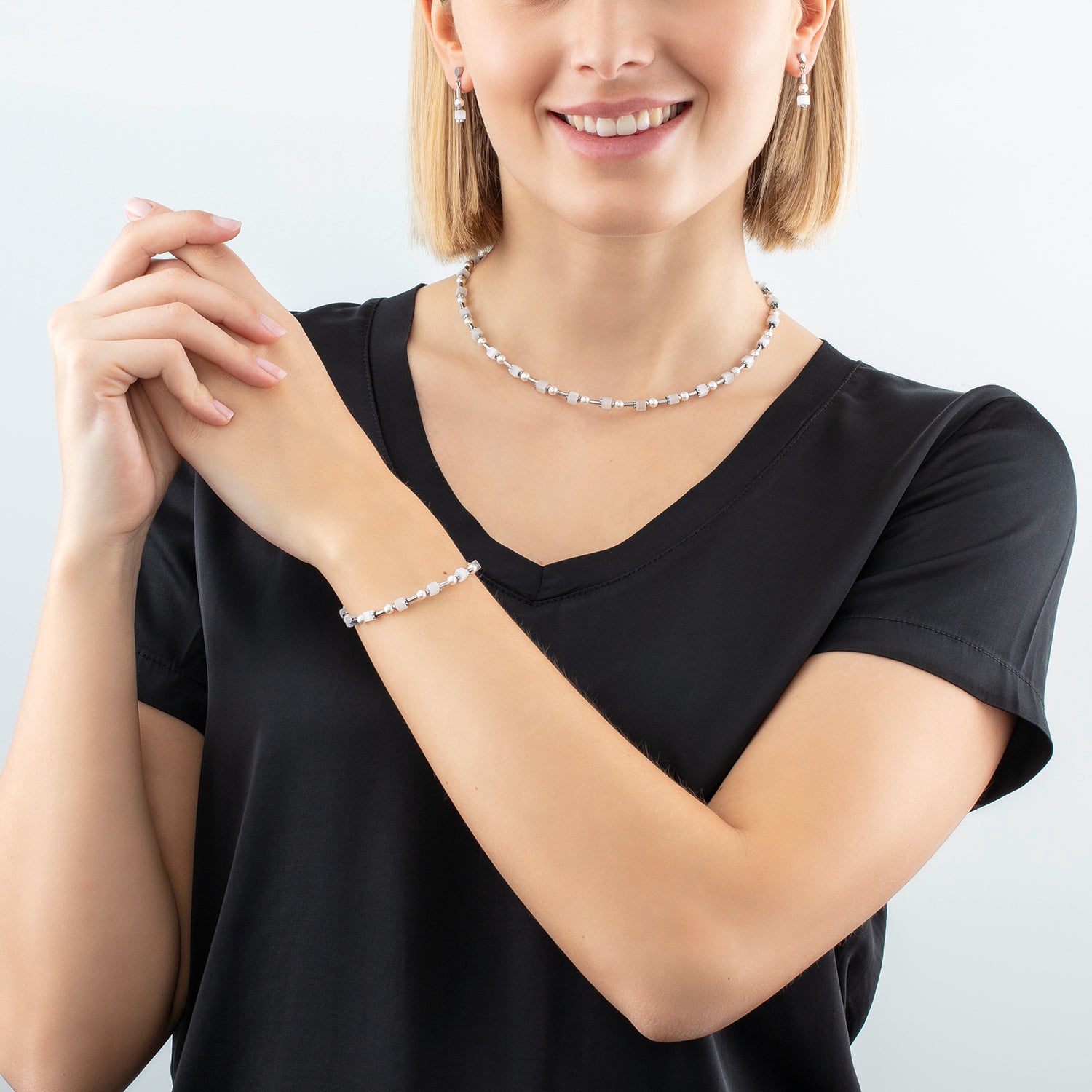 Bracelet Mini Cubes & Pearls Mix argent-blanc