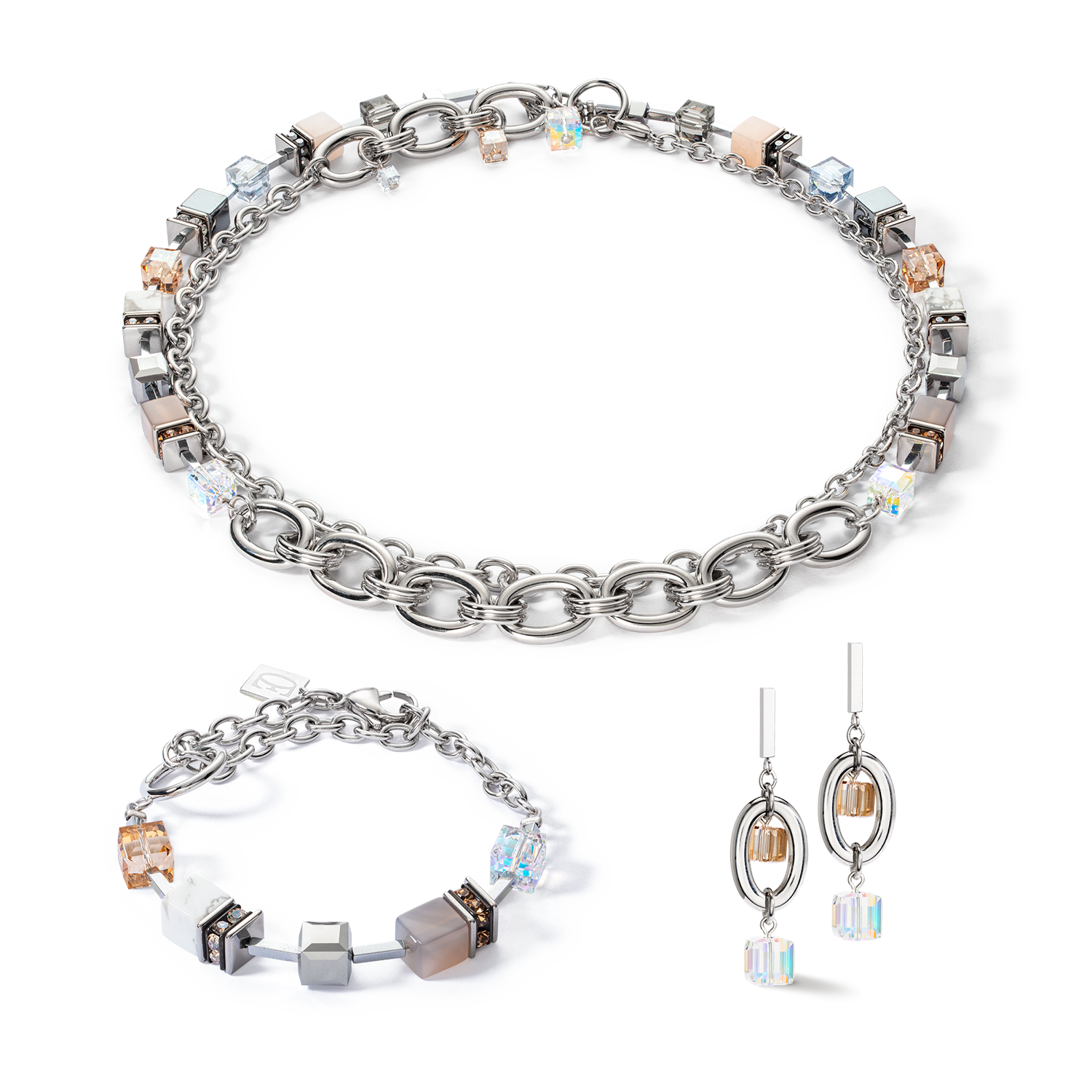 Bracelet GeoCUBE® Statement Precious Chunky Chain Multiwear gris-beige