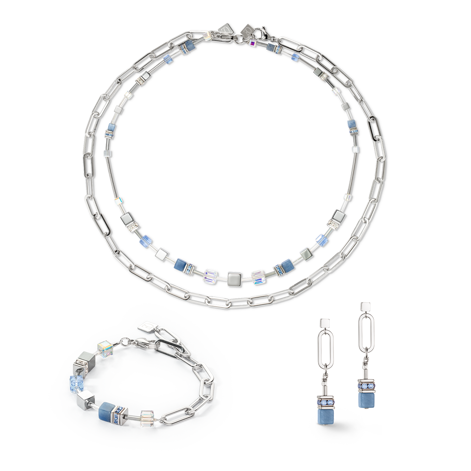 Boucles d'oreilles GeoCUBE® Fusion Chain argent bleu