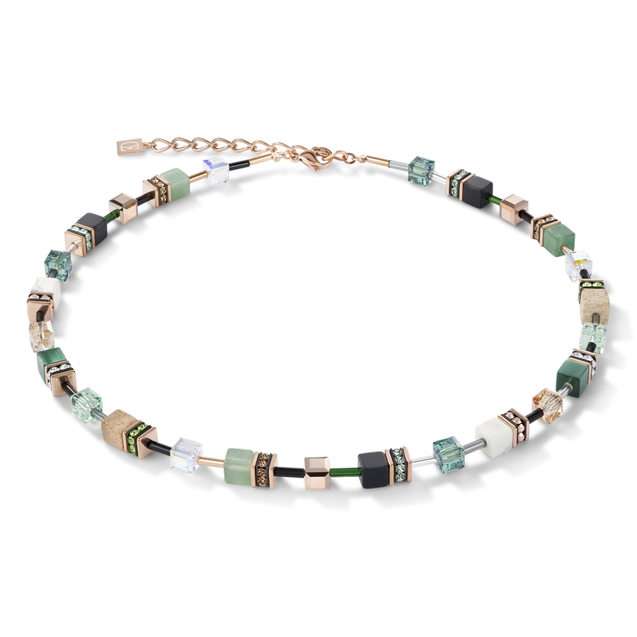 Collier GeoCUBE® Cristaux & pierres précieuses vert-beige