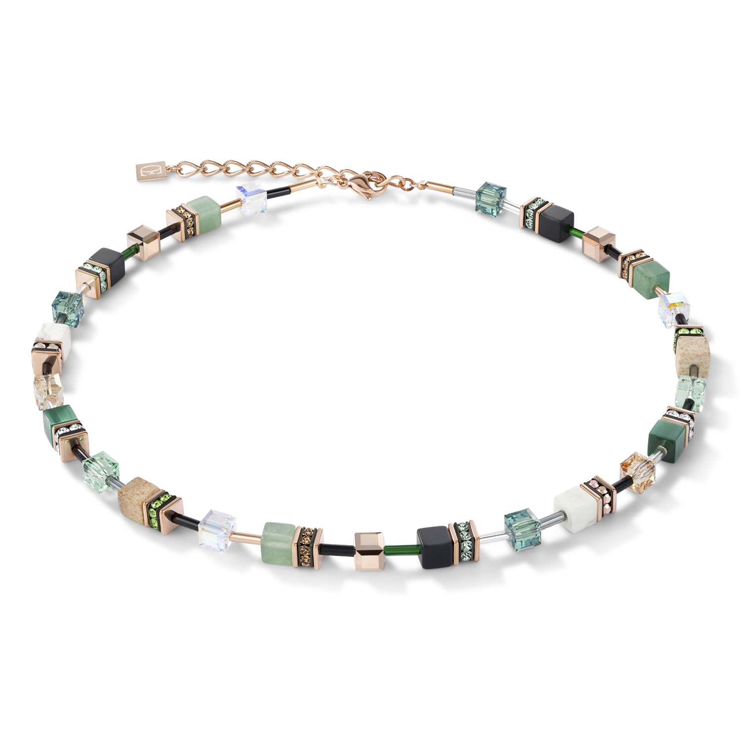 Collier GeoCUBE® Cristaux & pierres précieuses vert-beige
