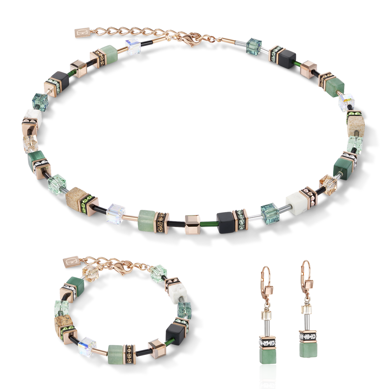Collier GeoCUBE® Cristaux & pierres précieuses vert-beige