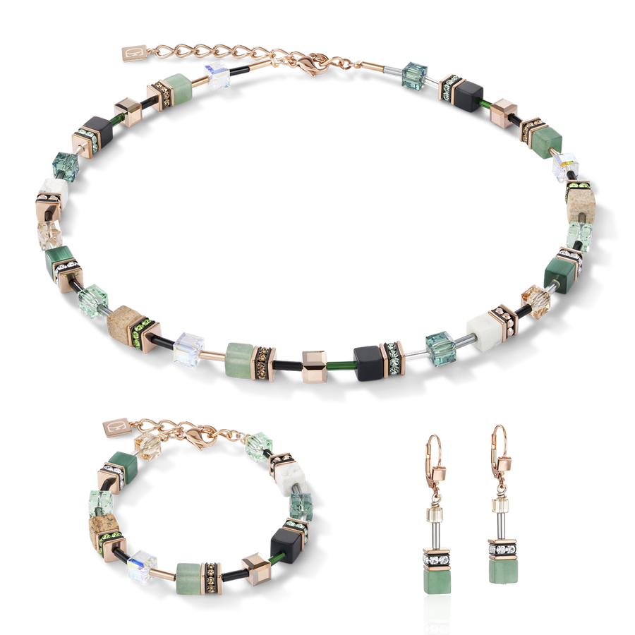 Collier GeoCUBE® Cristaux & pierres précieuses vert-beige