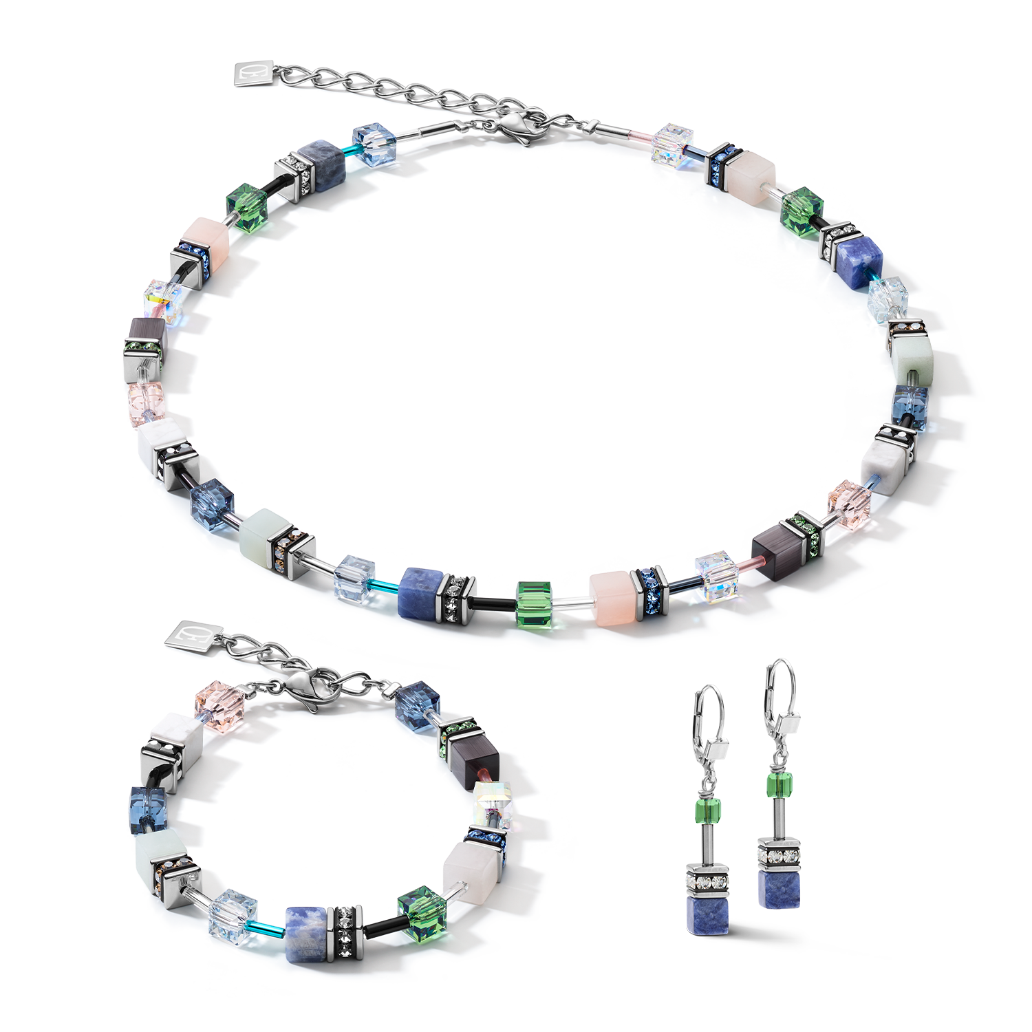 Boucles d'oreille GeoCUBE® Cristaux & pierres précieuses bleu-vert