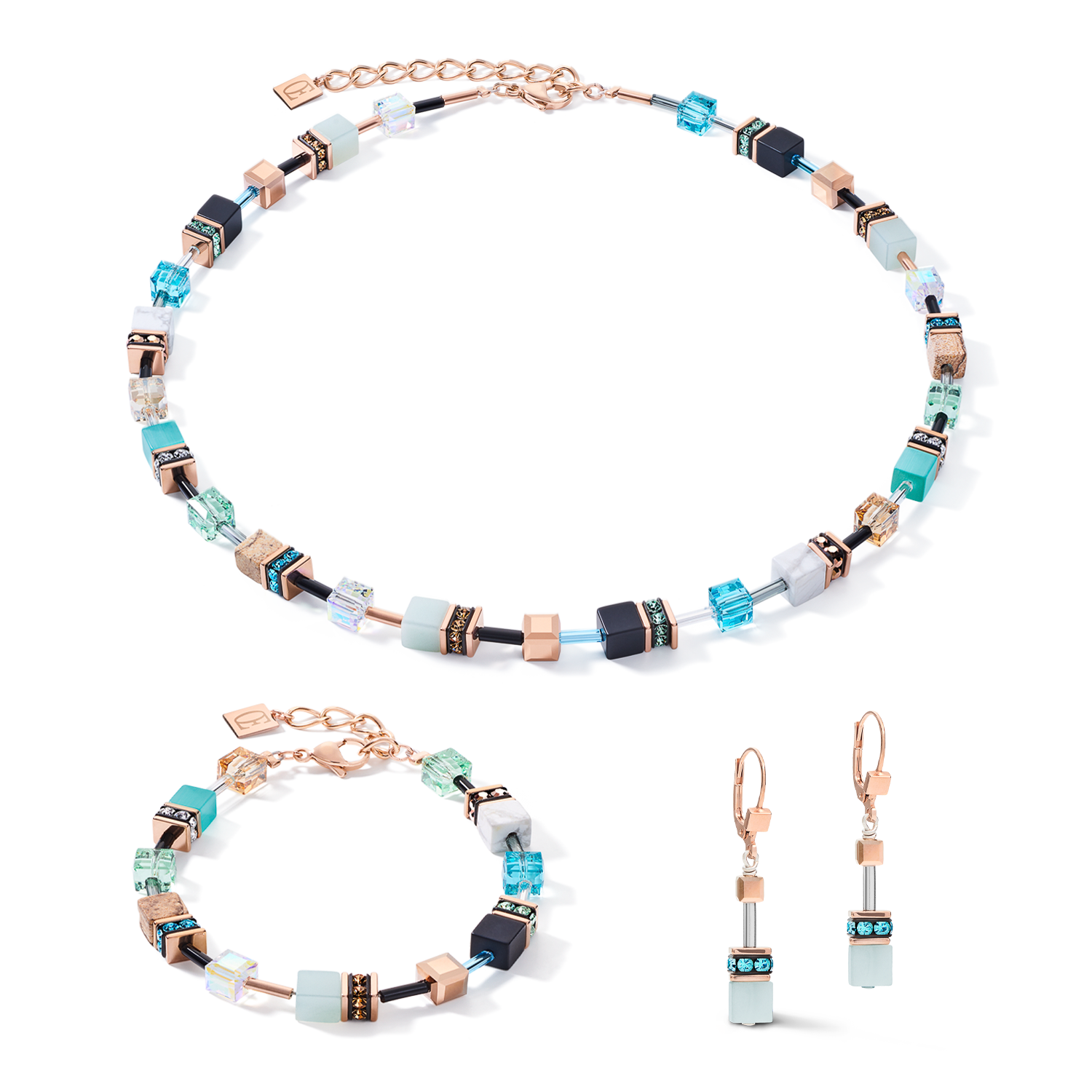 Boucles d'oreille GeoCUBE® Cristaux  & pierres précieuses aqua-beige