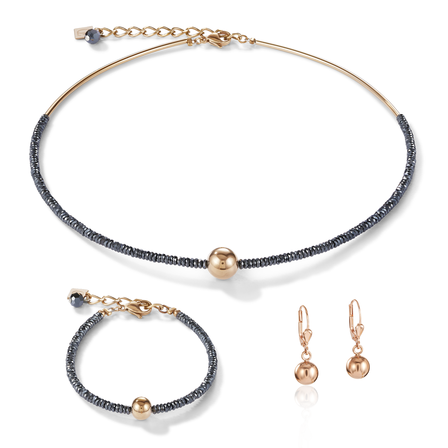 Collier hématite & acier or rose