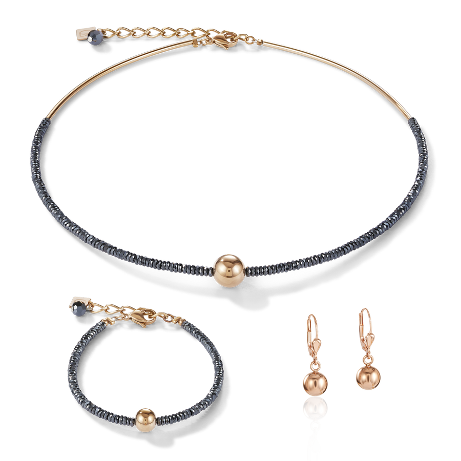 Collier hématite & acier or rose