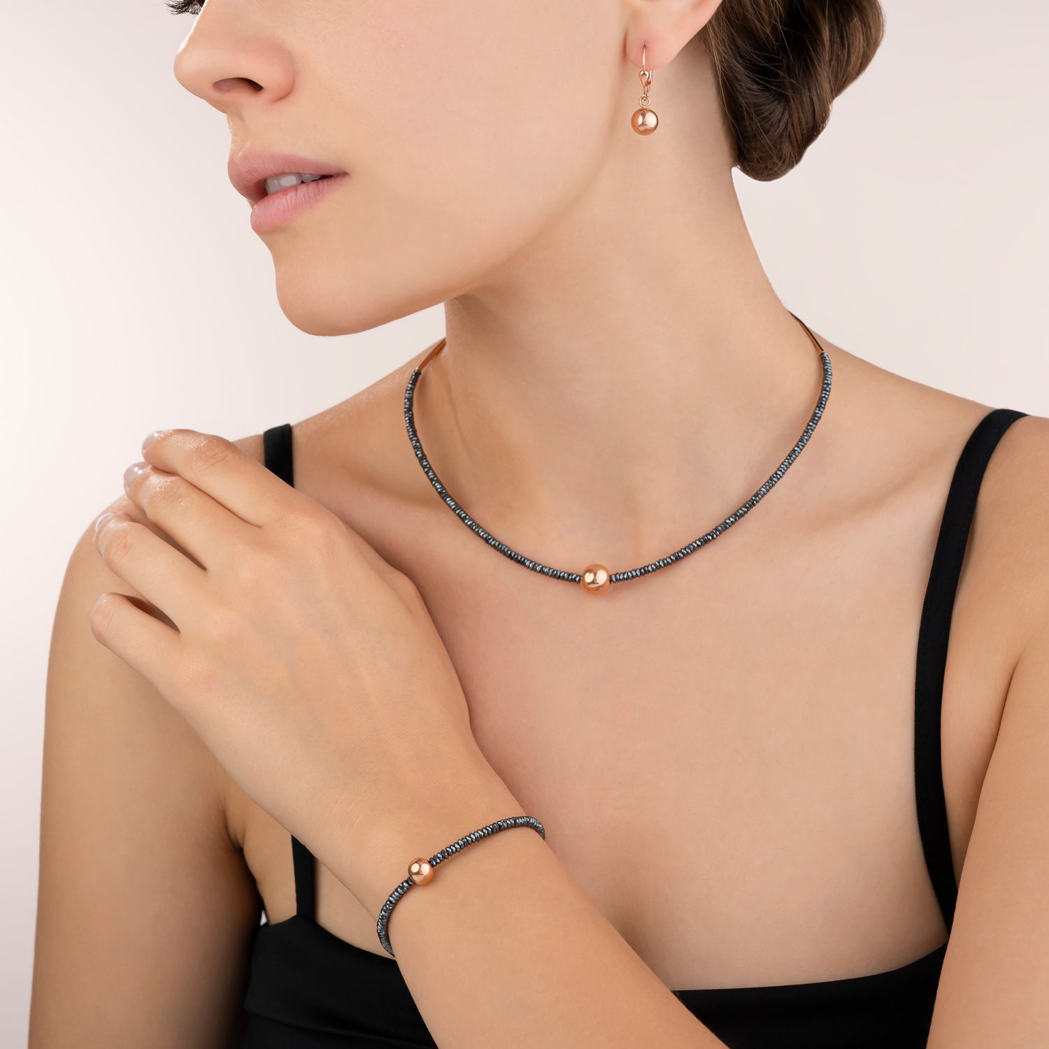 Bracelet hématite & acier or rose