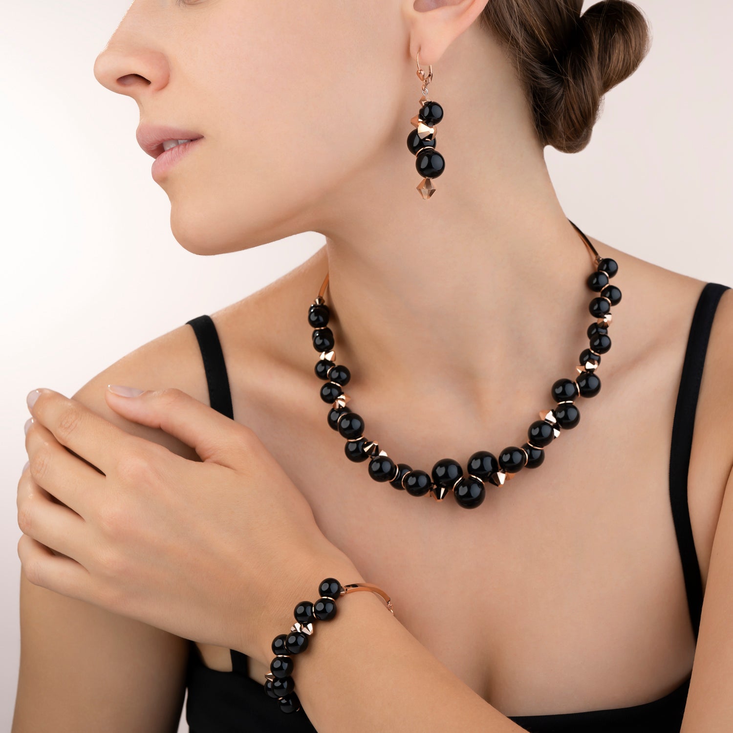 Bracelet verre acrylique noir & Cristaux  or rose