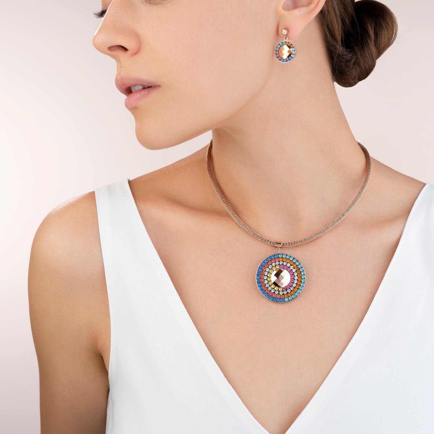 Collier Amulette Cristaux  & maille multicolore