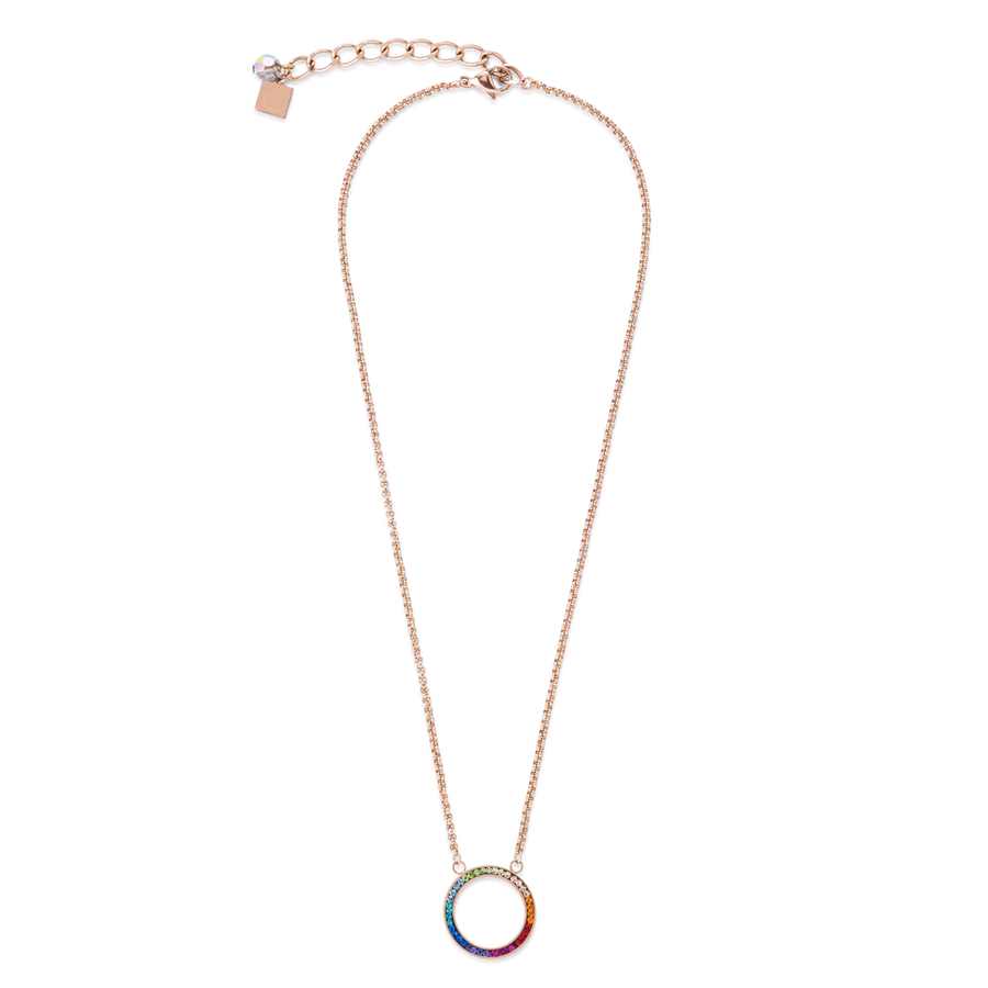 Collier Anneau Cristaux pavé & acier inoxydable or rose & multicolore