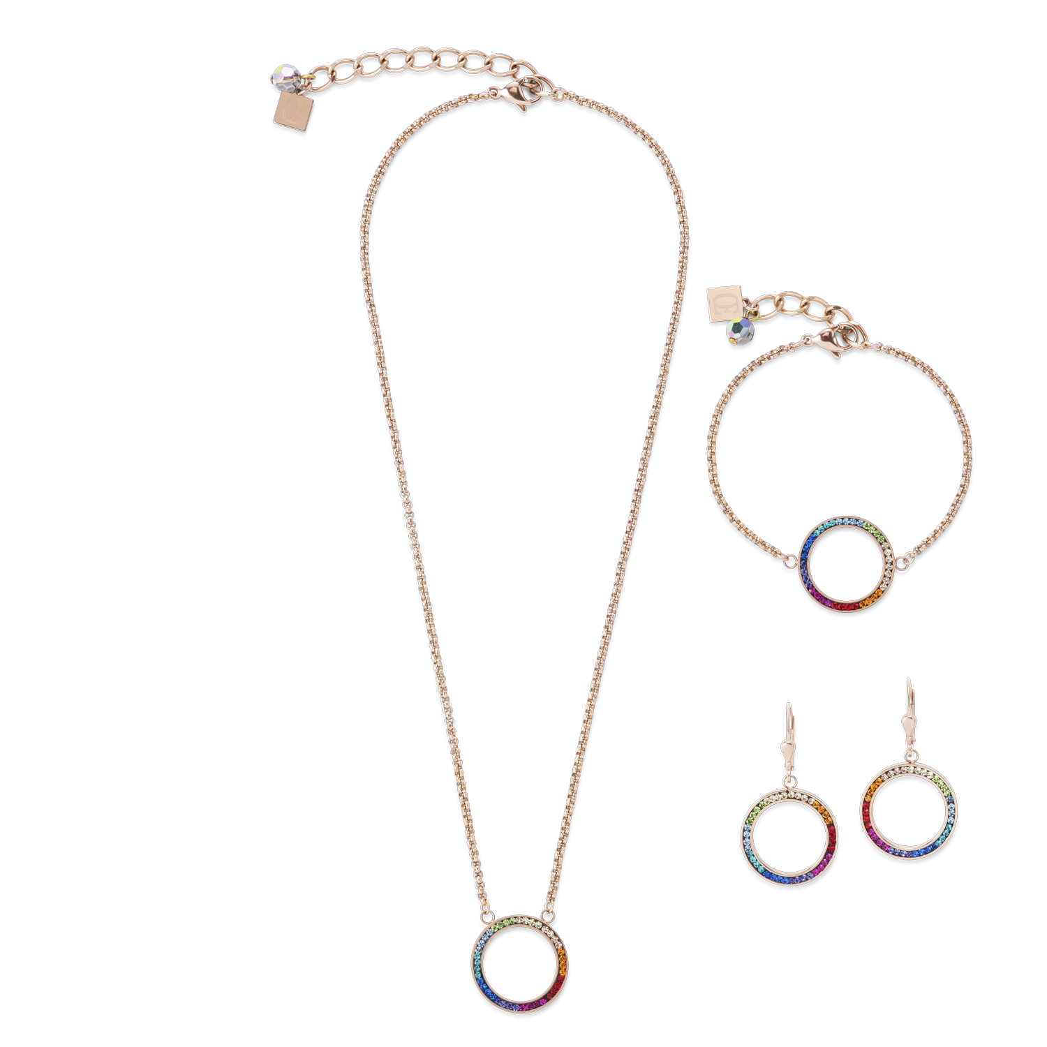 Collier Anneau Cristaux pavé & acier inoxydable or rose & multicolore