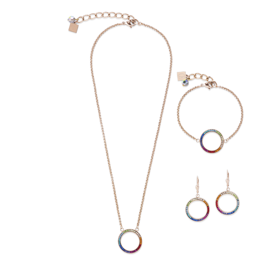 Collier Anneau Cristaux pavé & acier inoxydable or rose & multicolore