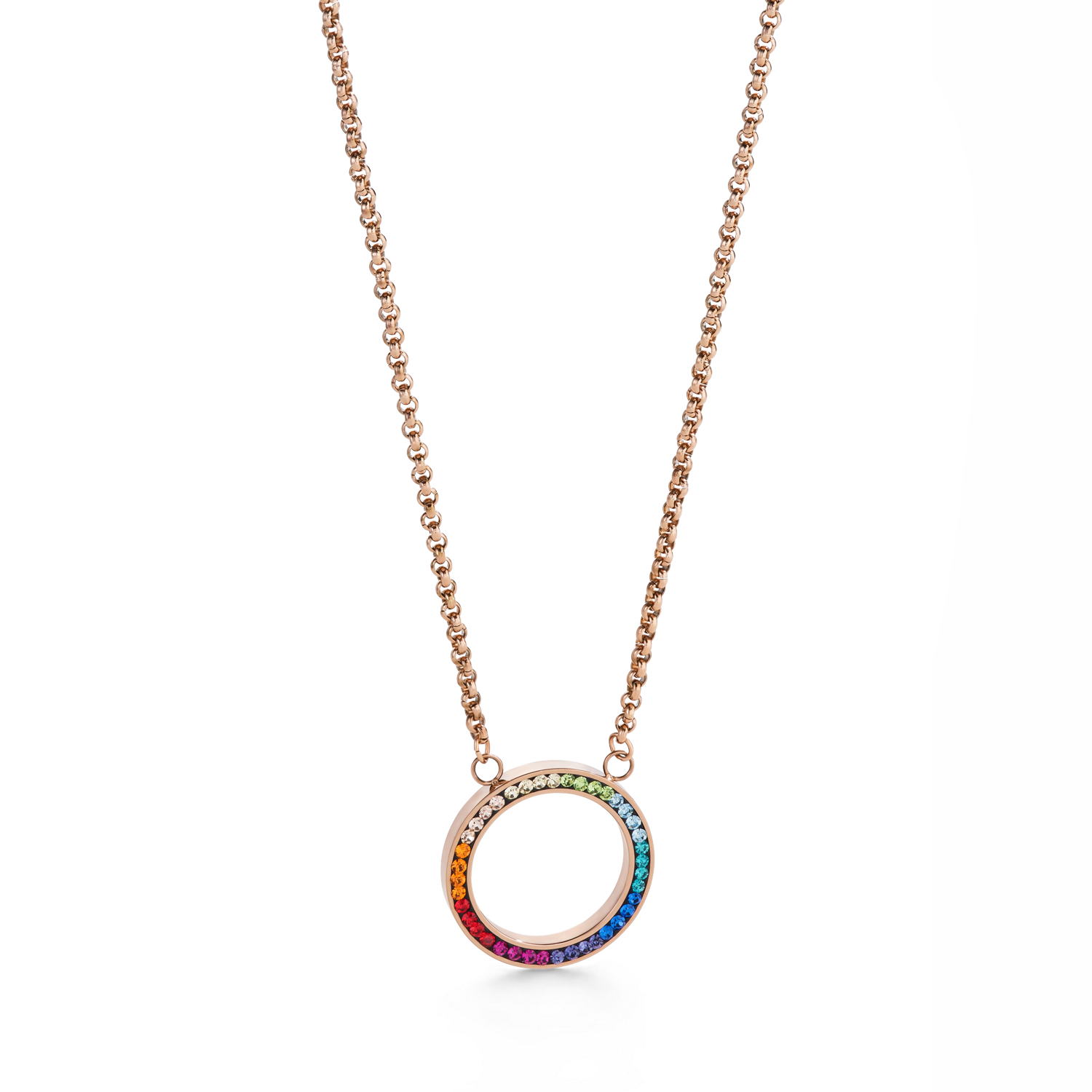 Collier Anneau Cristaux pavé & acier inoxydable or rose & multicolore