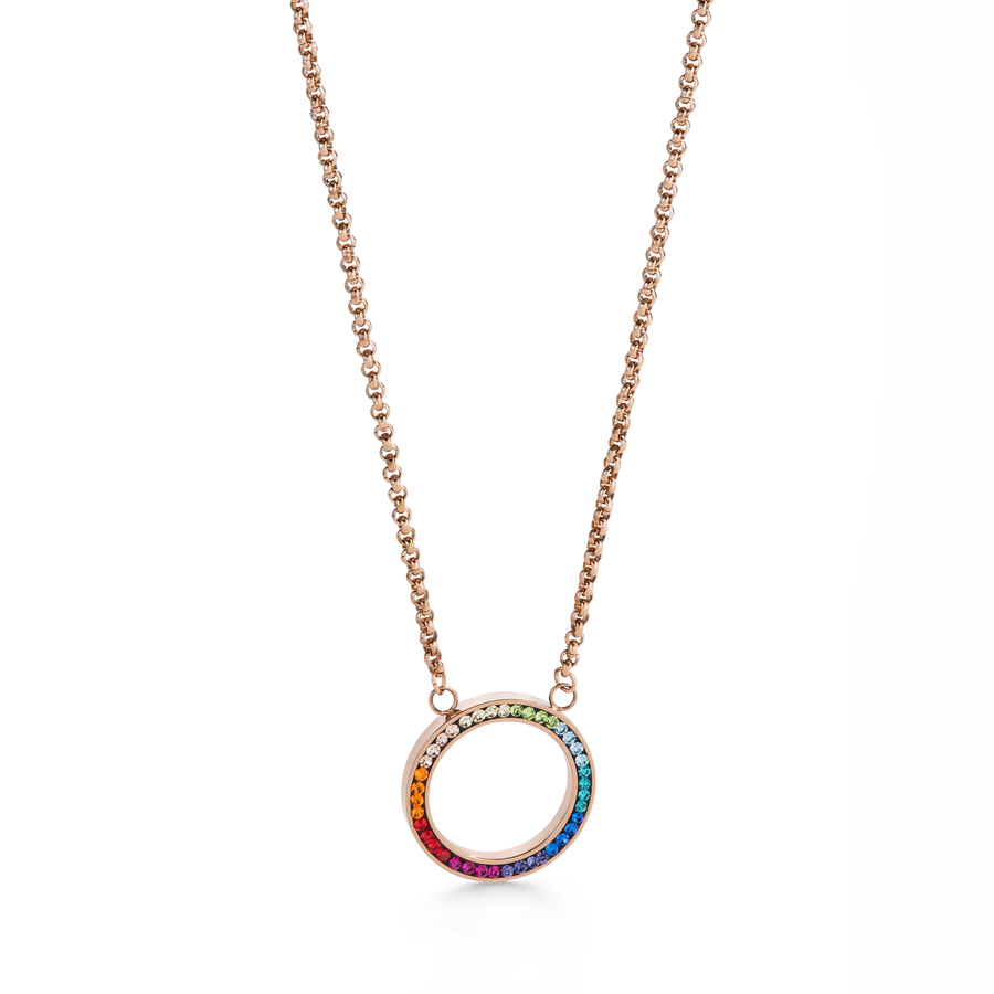 Collier Anneau Cristaux pavé & acier inoxydable or rose & multicolore