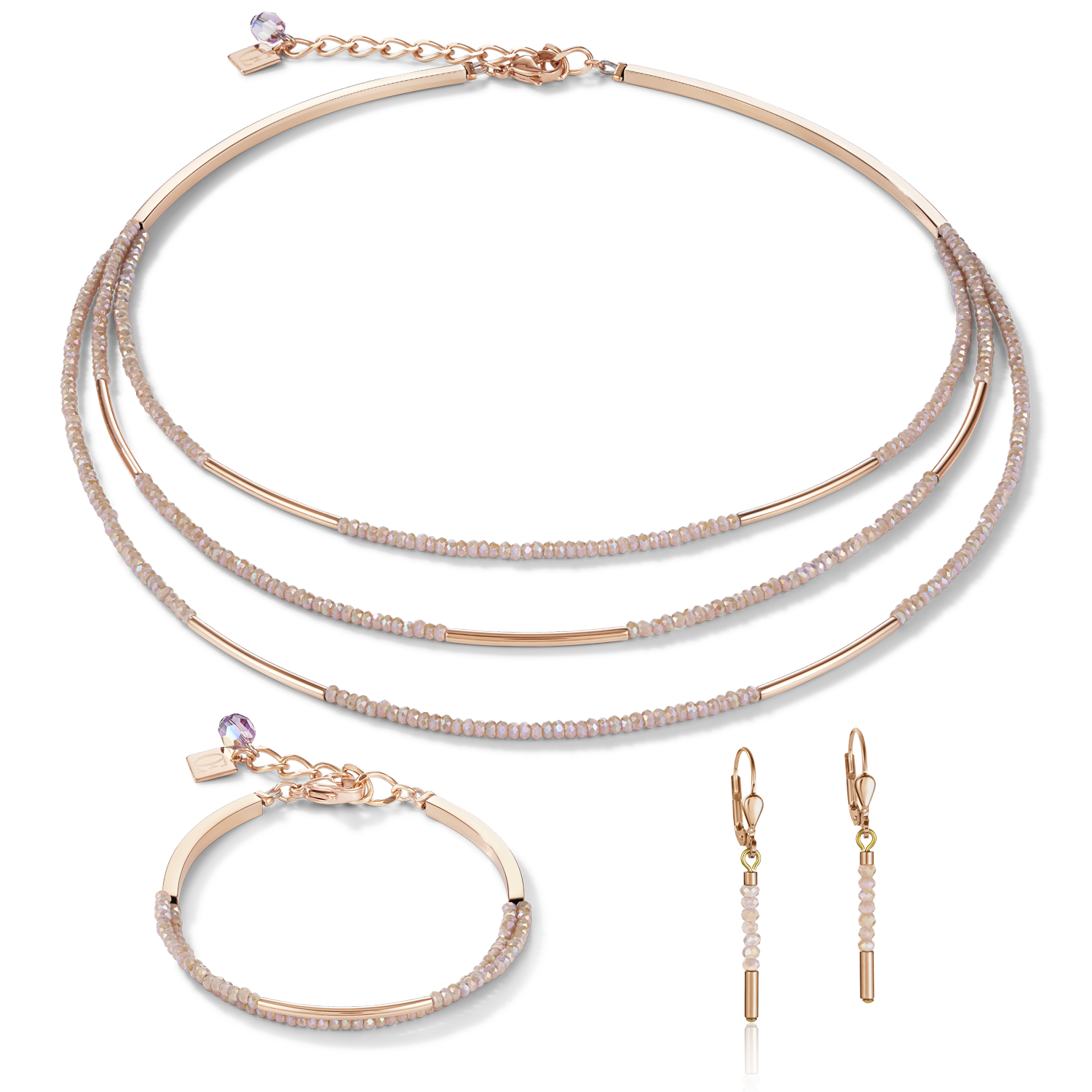 Collier Cascade acier inoxydable or rose & verre nude