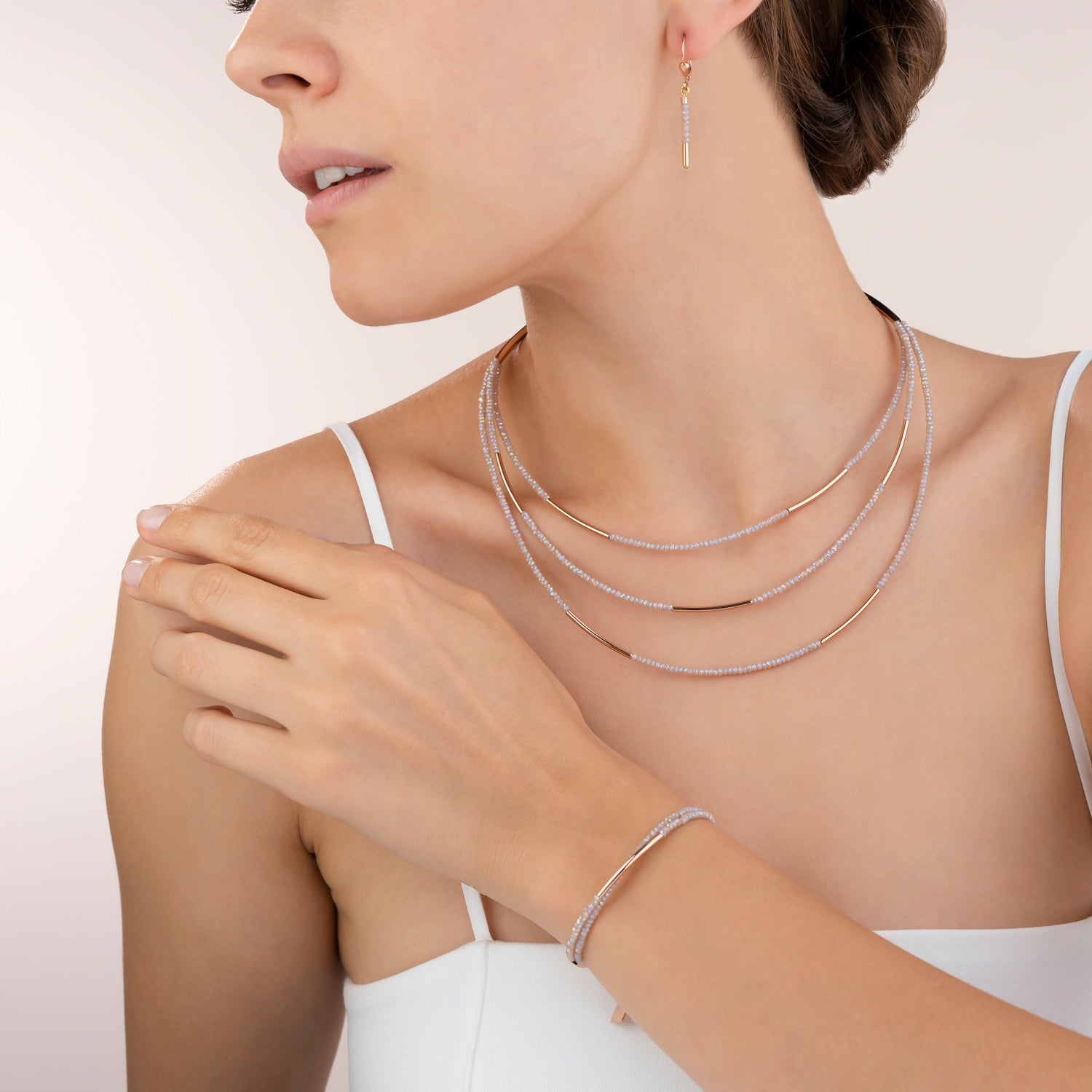 Bracelet Cascade acier inoxydable or rose & verre nude