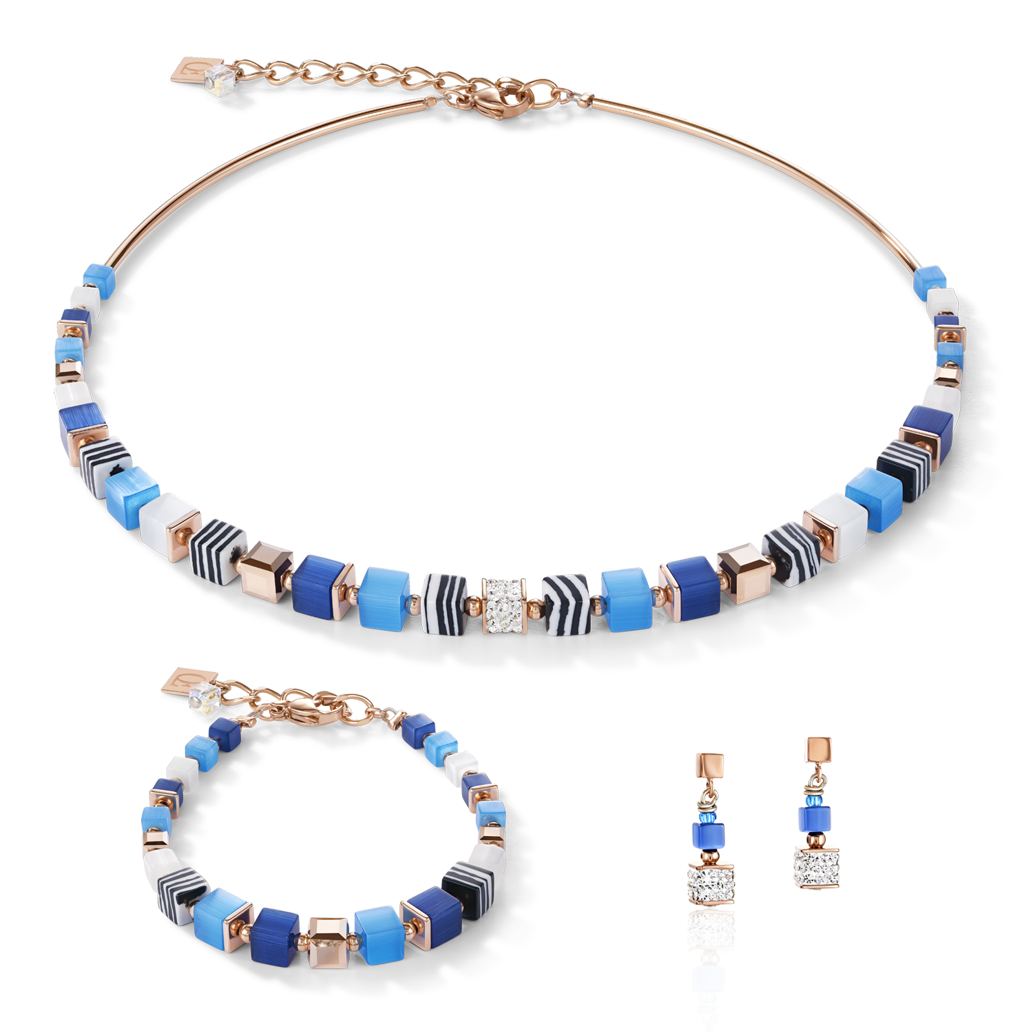 Collier GeoCUBE® Cristaux pavé, malachite synthetique & Cristaux Swarovski® bleu-turquoise